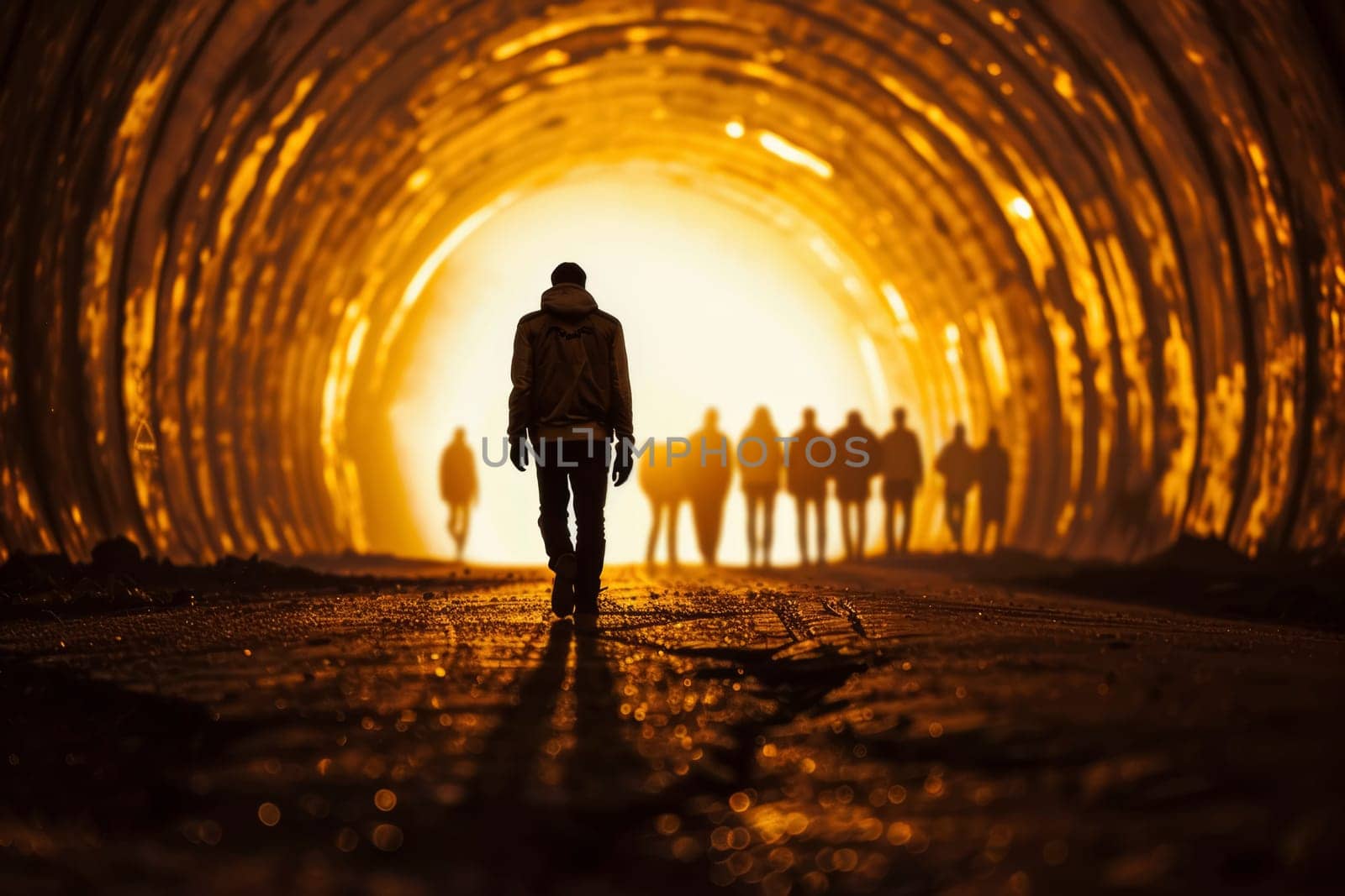 A silhouette stands at the end of an illuminated tunnel, with figures approaching in the backdrop. The fiery glow imparts a sense of drama and mystery