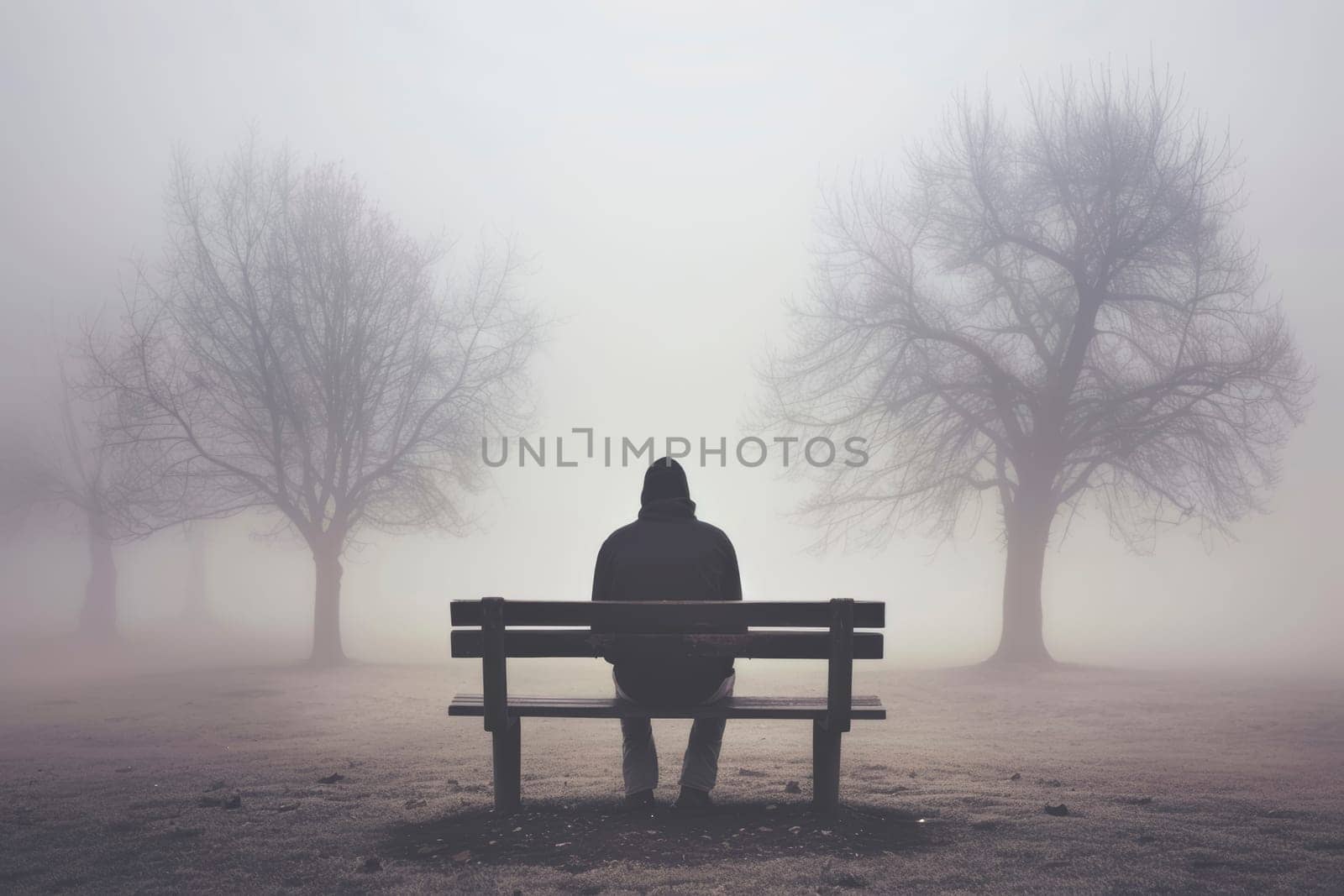 A solitary figure sits on a bench, shrouded in fog amidst a wintry park scene. This image captures the tranquil yet melancholic mood of solitude