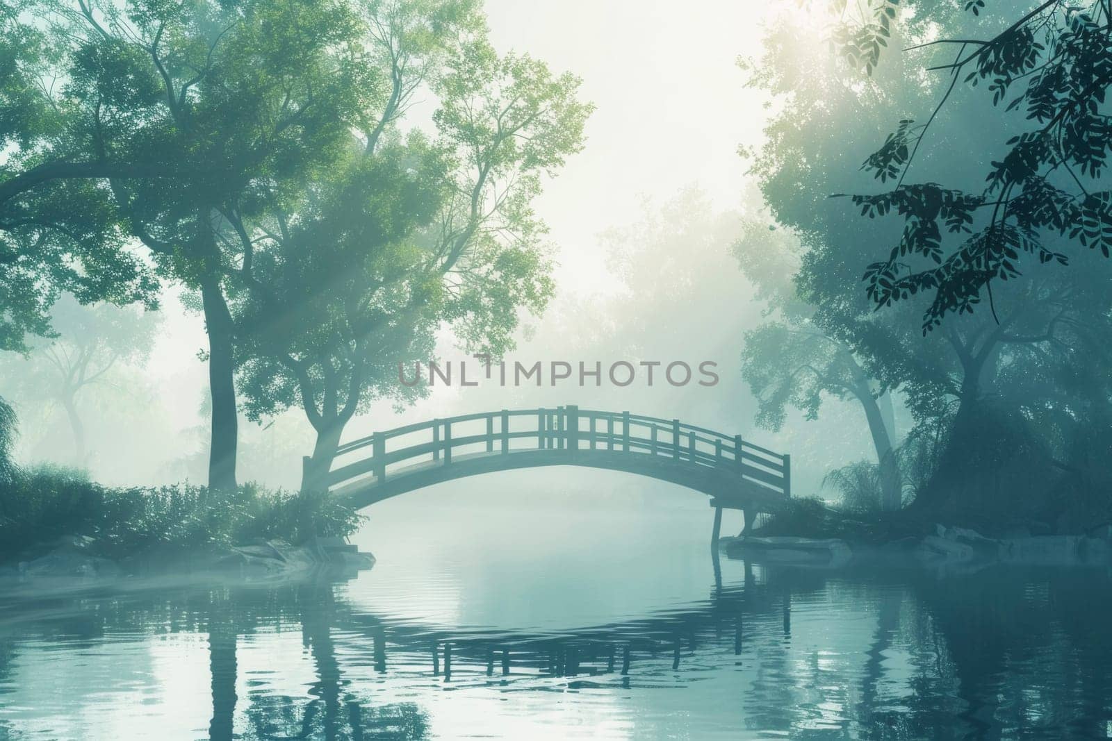 A traditional wooden bridge arches gracefully over a misty river in a tranquil forest setting. The scene embodies peace and the connection with nature