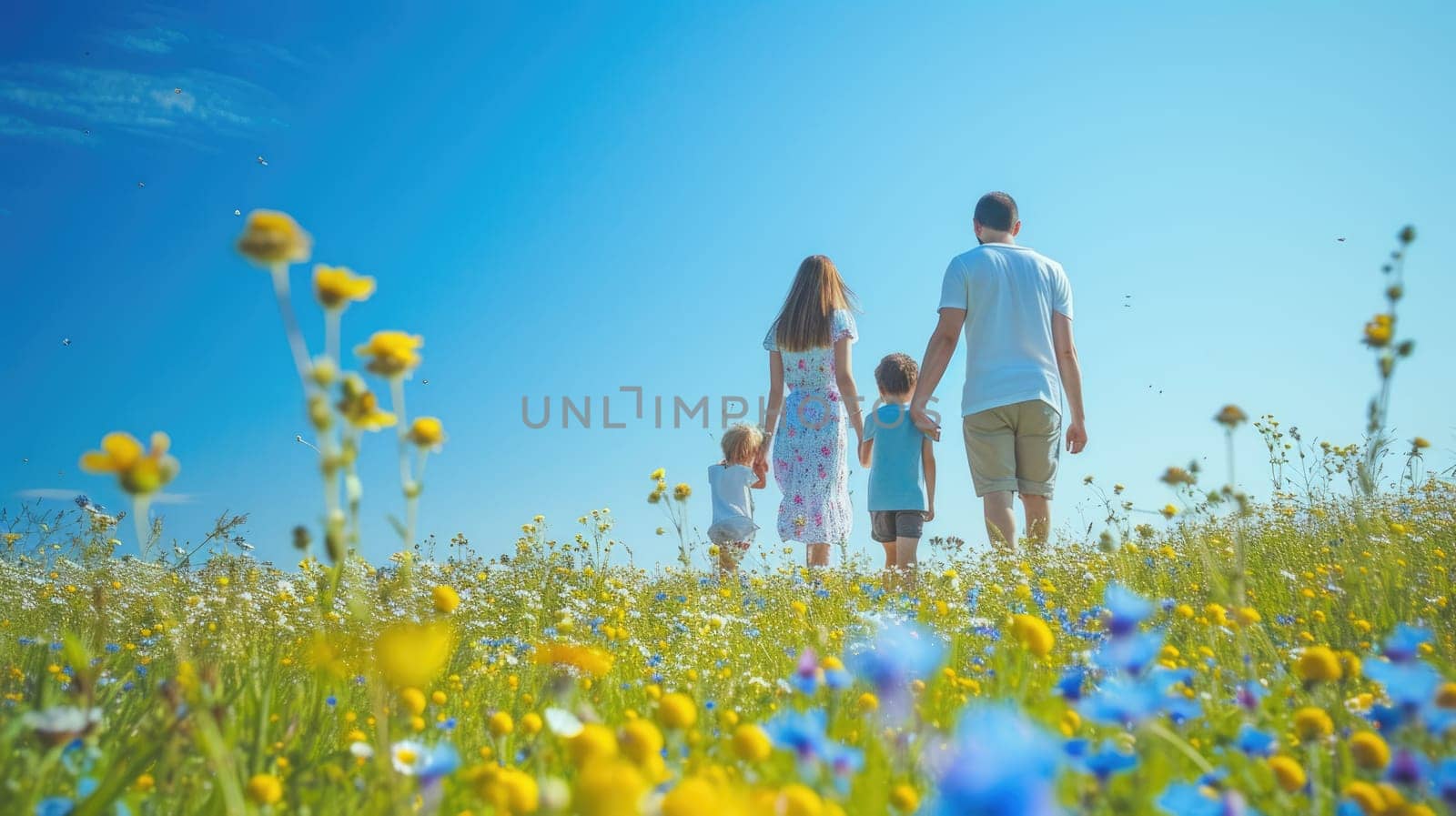 A happy family holding hands walks through a grassy field of flowers, surrounded by the beautiful natural landscape and vast sky. AIG41