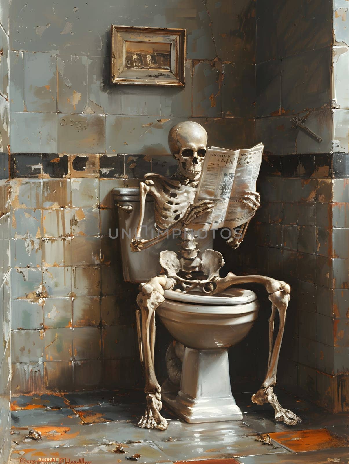 Sculpture of a skeleton on a toilet reading a newspaper in a room by Nadtochiy