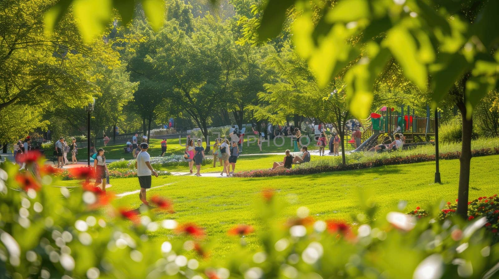 Nature landscape in park: people playing, trees, grass, and a playground AIG41 by biancoblue