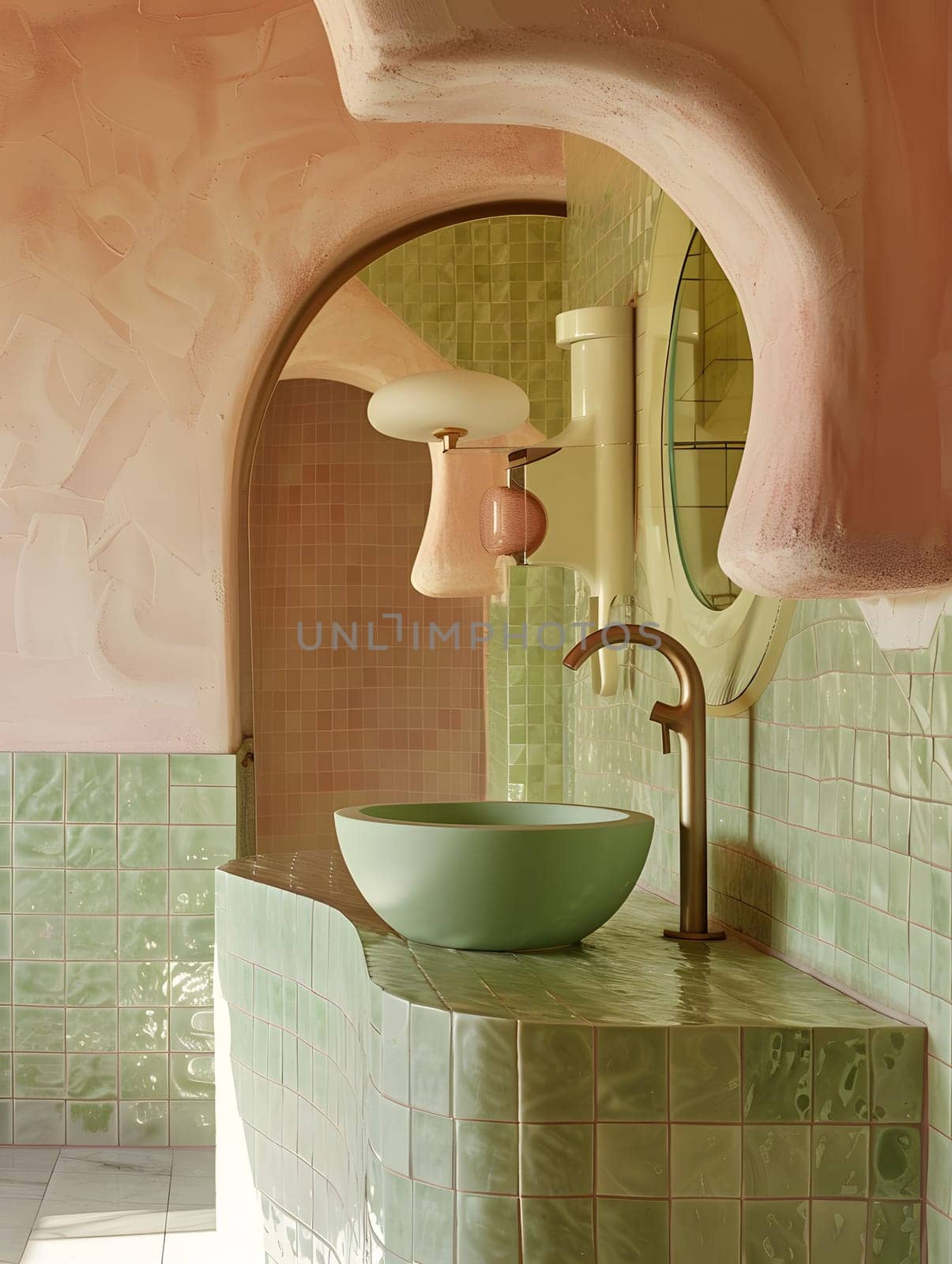 The bathroom features a sink and tiles in the shade of green, adding a refreshing touch to the space with its plumbing fixtures and composite materials