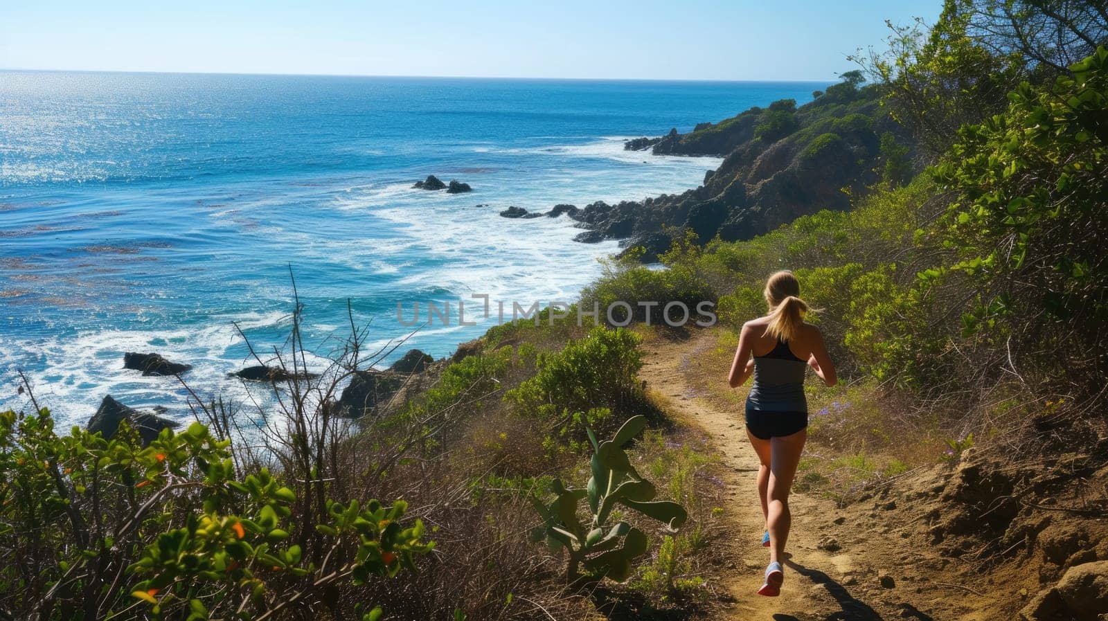 A woman enjoys leisurely running along a coastal path, surrounded by the natural landscape of ocean, sky, plants, beach, and grass. AIG41