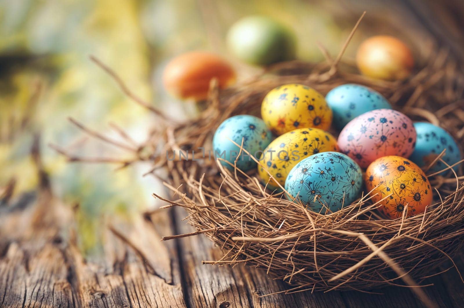 Speckled Easter eggs, in shades of blue, orange, and pink, rests in a carefully constructed straw nest. The nest sits atop a weathered wooden surface - cozy seasonal setting - Generative AI