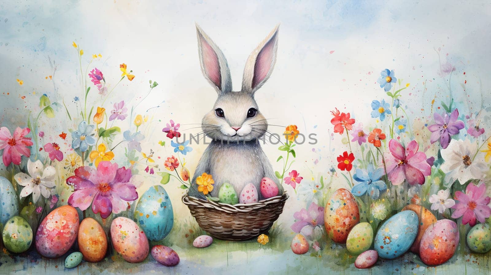 illustration of a whimsical Easter Bunny sitting with a basket of decorated eggs amidst a beautiful array of springtime flowers. Traditional celebration of Easter and coming of spring - Generative AI