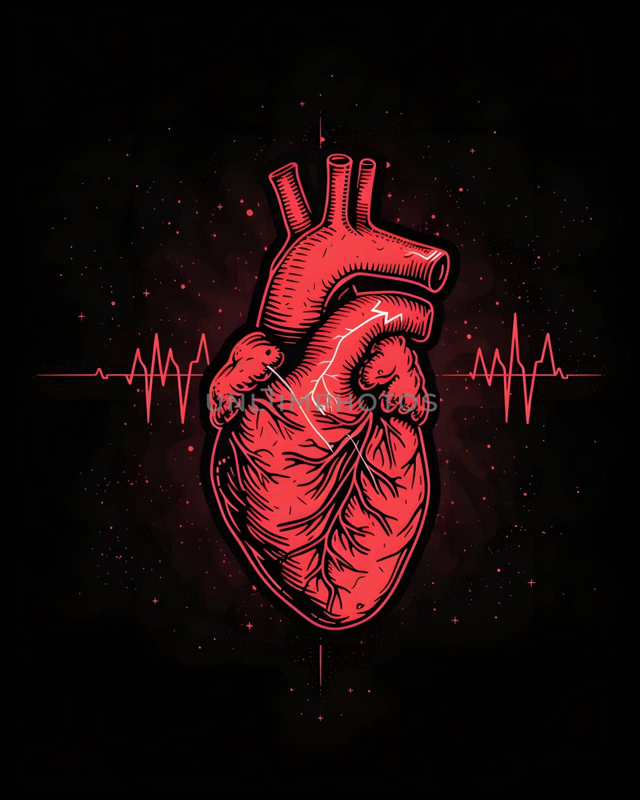 An artistic representation of a human heart with a heartbeat on a dark background, capturing the essence of the bodys life force in a flash of light