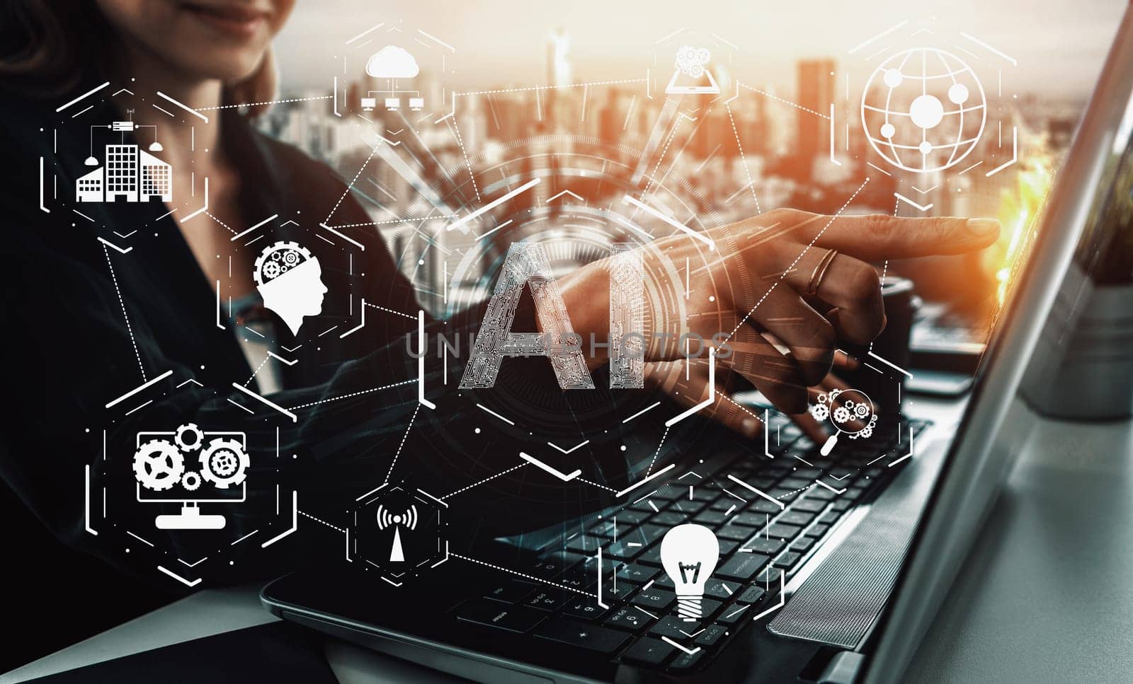 AI Learning and Artificial Intelligence Concept - Icon Graphic Interface showing computer, machine thinking and AI Artificial Intelligence of Digital Robotic Devices. uds