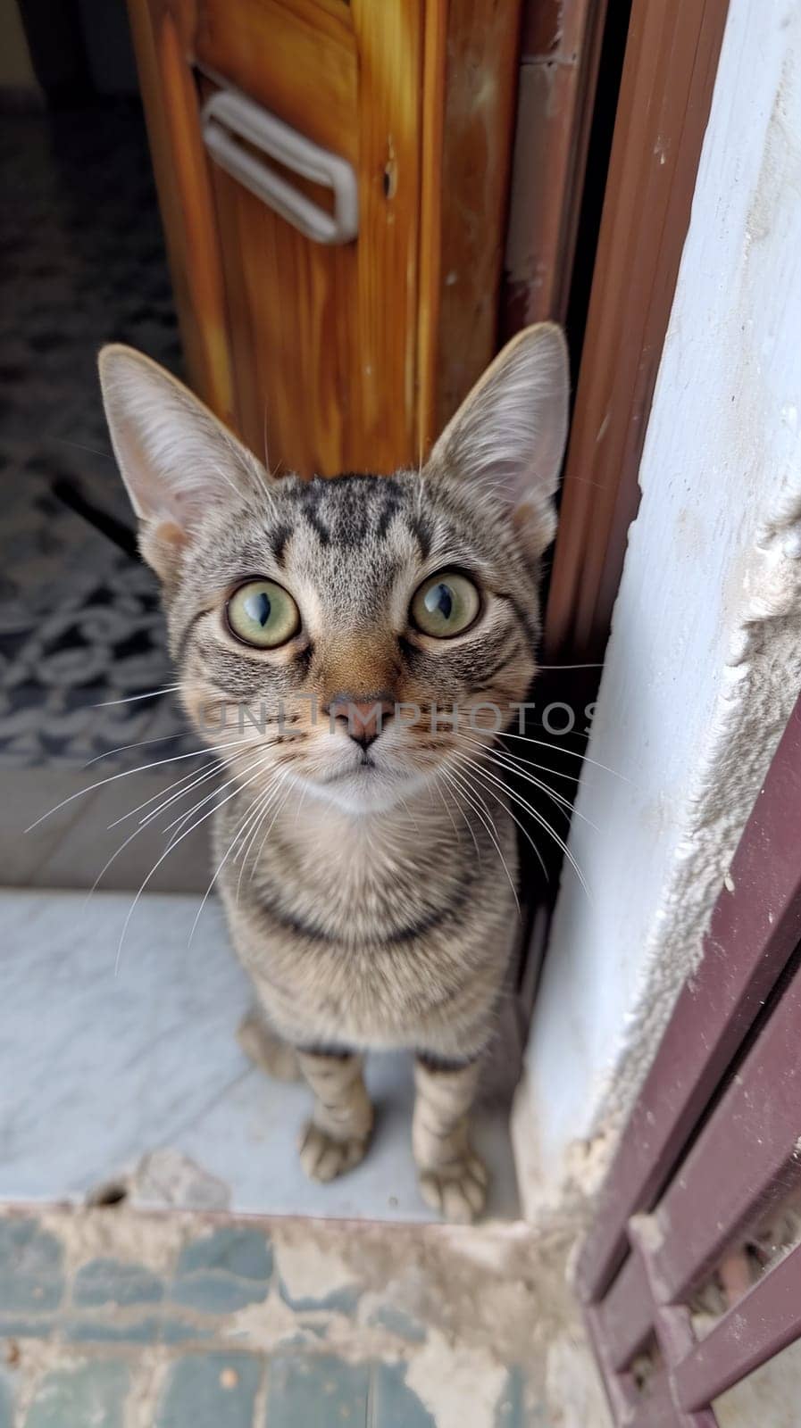 A young tabby cat with striking green eyes and distinctive stripes peers curiously, creating a captivating close-up portrait by chrisroll