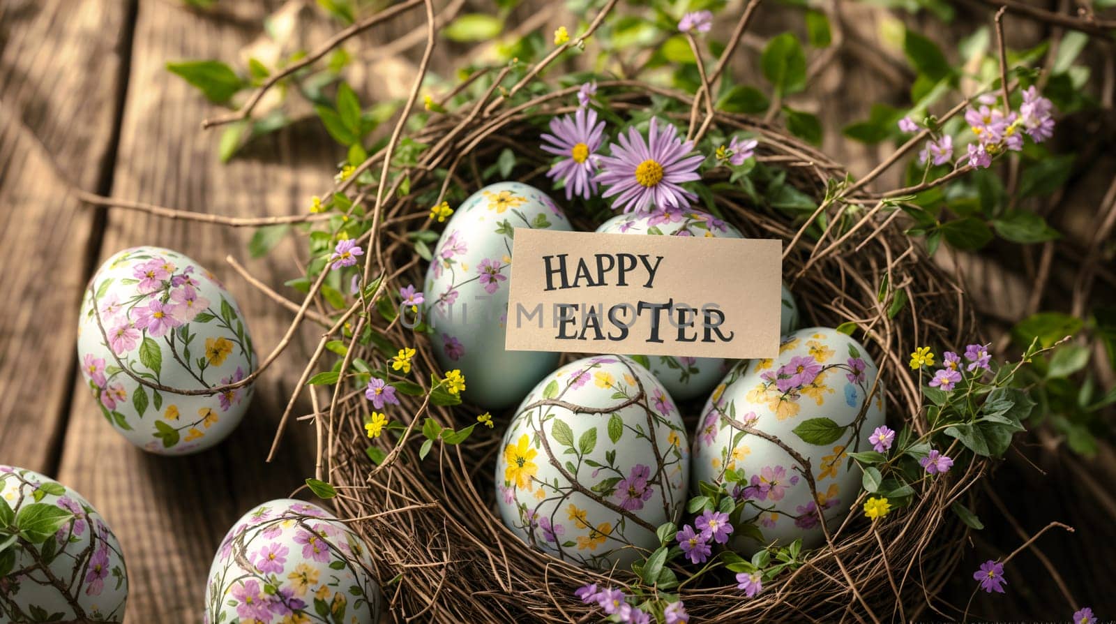 festive spirit of Easter with beautifully decorated eggs nestled among spring flowers in a birds nest, accompanied by a Happy Easter greeting card - Generative AI