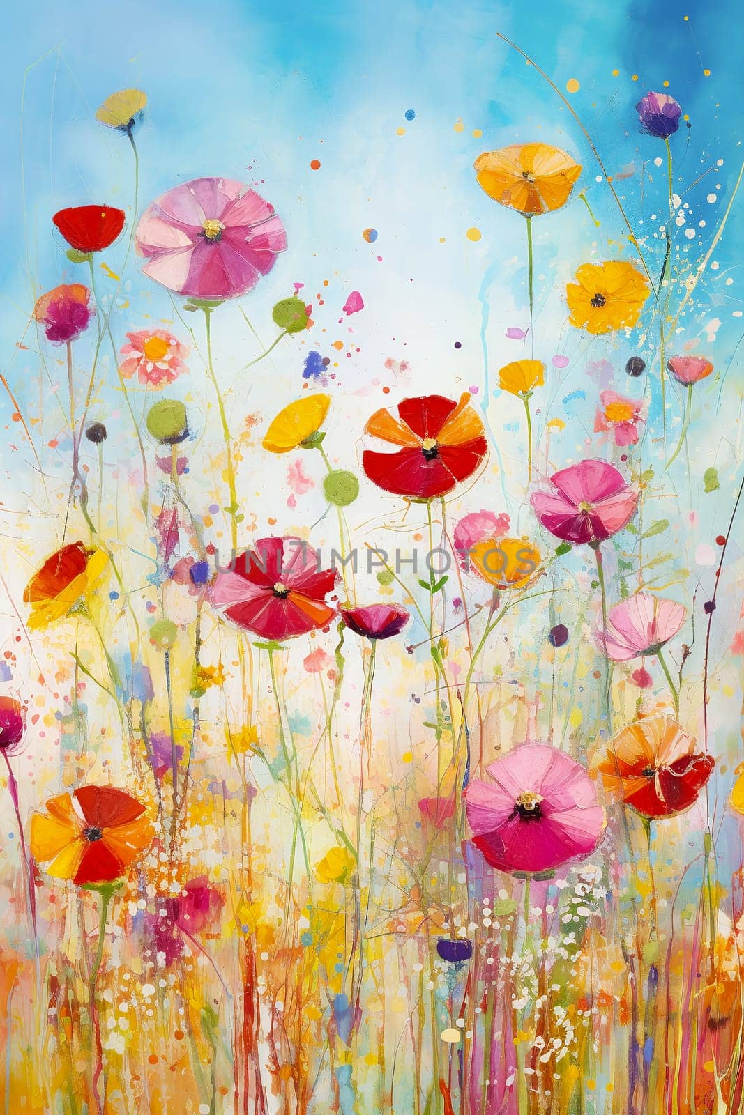 A captivating, colorful abstract floral painting with lively splatters and blooms, evoking a sense of whimsical beauty by chrisroll