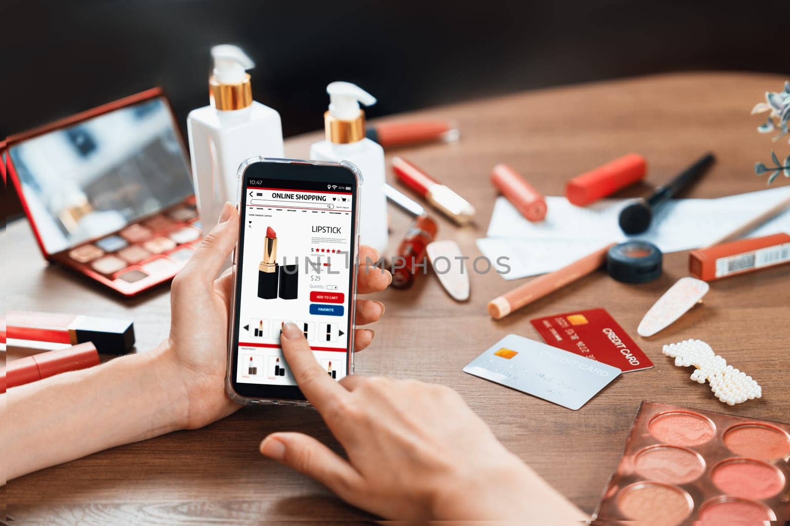 Woman shopping online on internet marketplace browsing for sale items for modern lifestyle and use credit card for online payment from wallet protected by utmost cyber security software