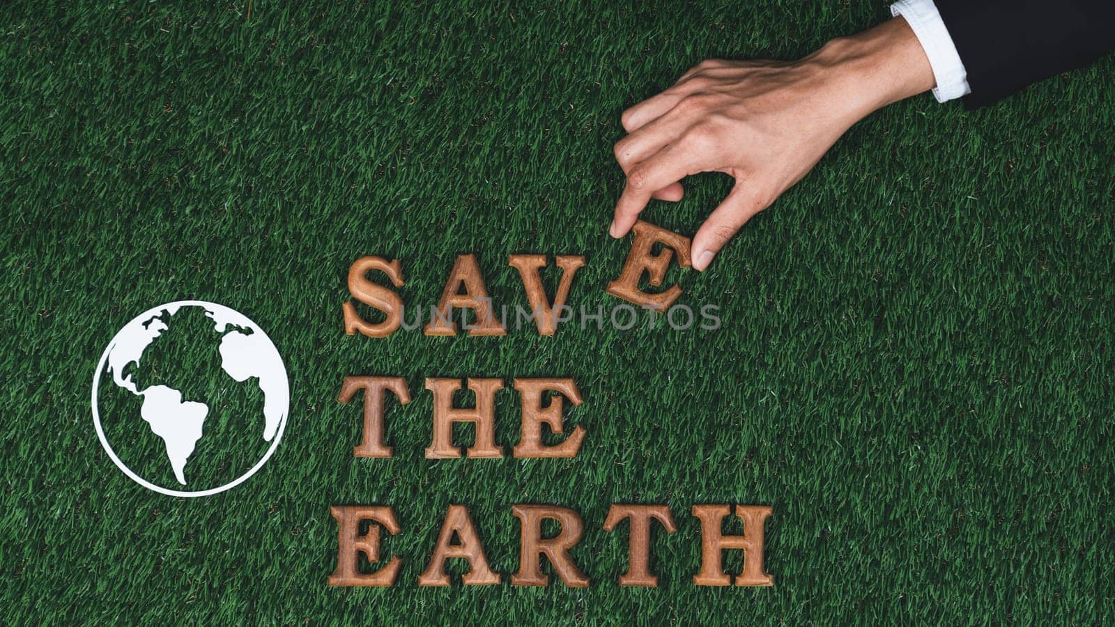 Eco awareness campaign for Earth day concept showcase message arranged in Save Earth on biophilic green background. Environmental social governance concept idea for sustainable and greener future.Gyre