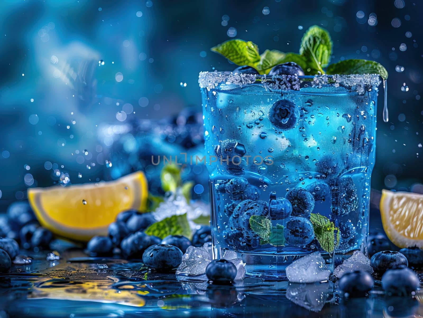 Delicious Blue Lagoon cocktail photography, explosion flavors, studio lighting, studio background, well-lit, vibrant colors, sharp-focus, high-quality, artistic, unique. glass of blue cocktail