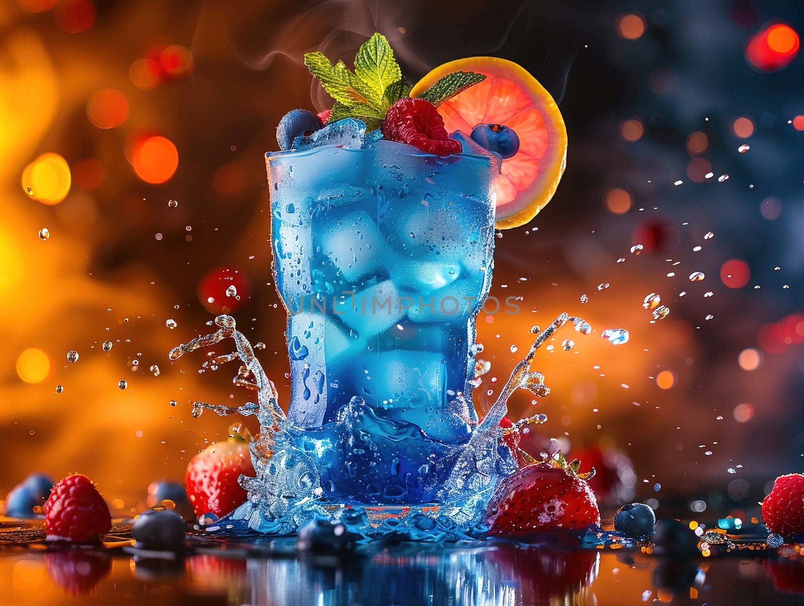 Delicious Blue Lagoon cocktail photography, explosion flavors, studio lighting, studio background, well-lit, vibrant colors, sharp-focus, high-quality, artistic, unique. glass of blue cocktail