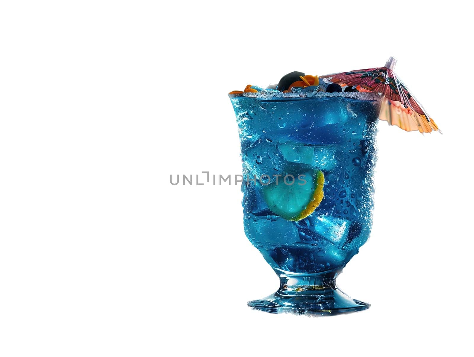 Delicious Blue Lagoon cocktail photography, explosion flavors, studio lighting, studio background, well-lit, vibrant colors, sharp-focus, high-quality, artistic, unique. glass of blue cocktail