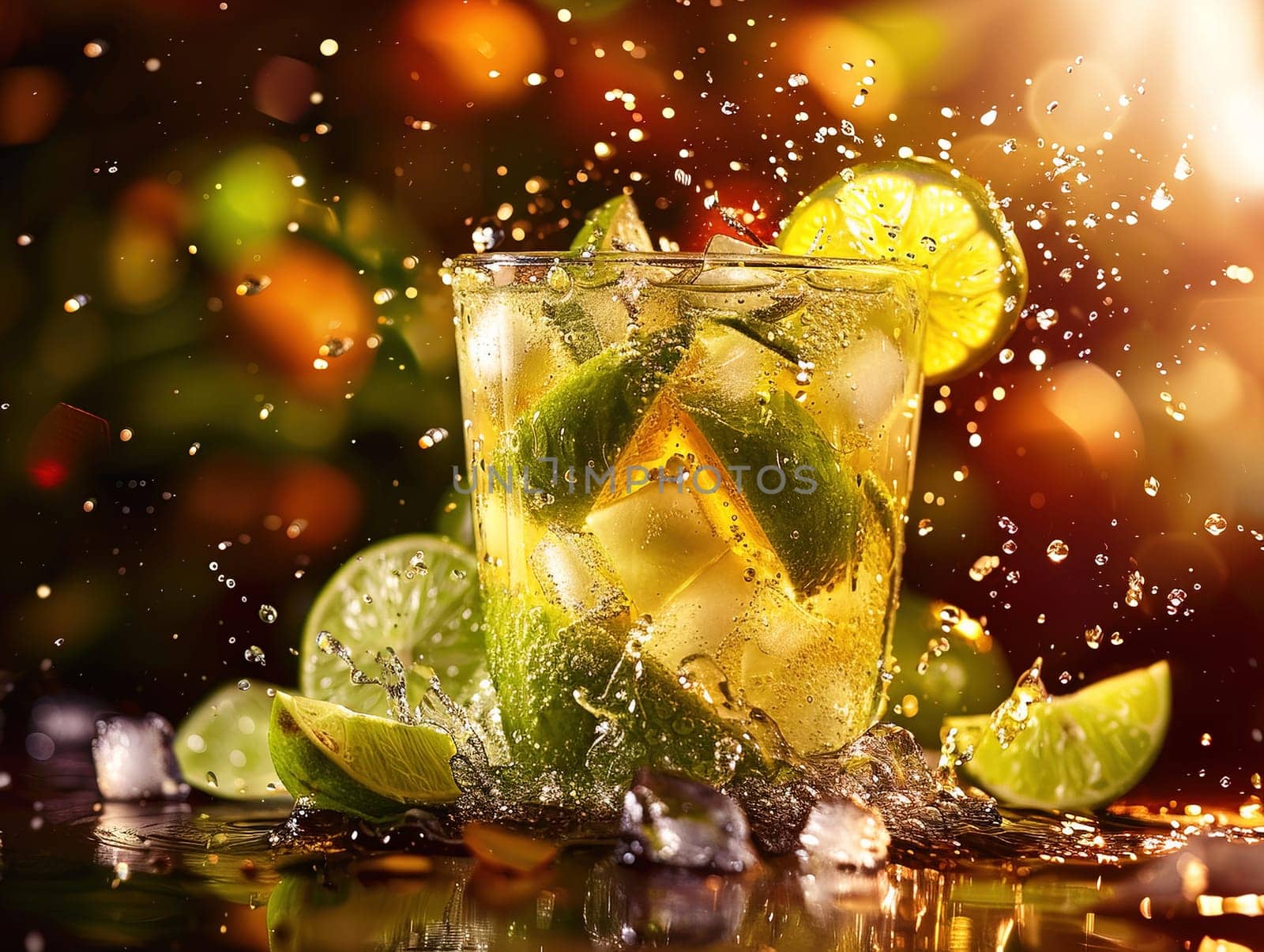 Delicious Caipirinha cocktail photography, explosion flavors studio lighting studio background, well-lit, vibrant colors, sharp-focus, high-quality, artistic, unique