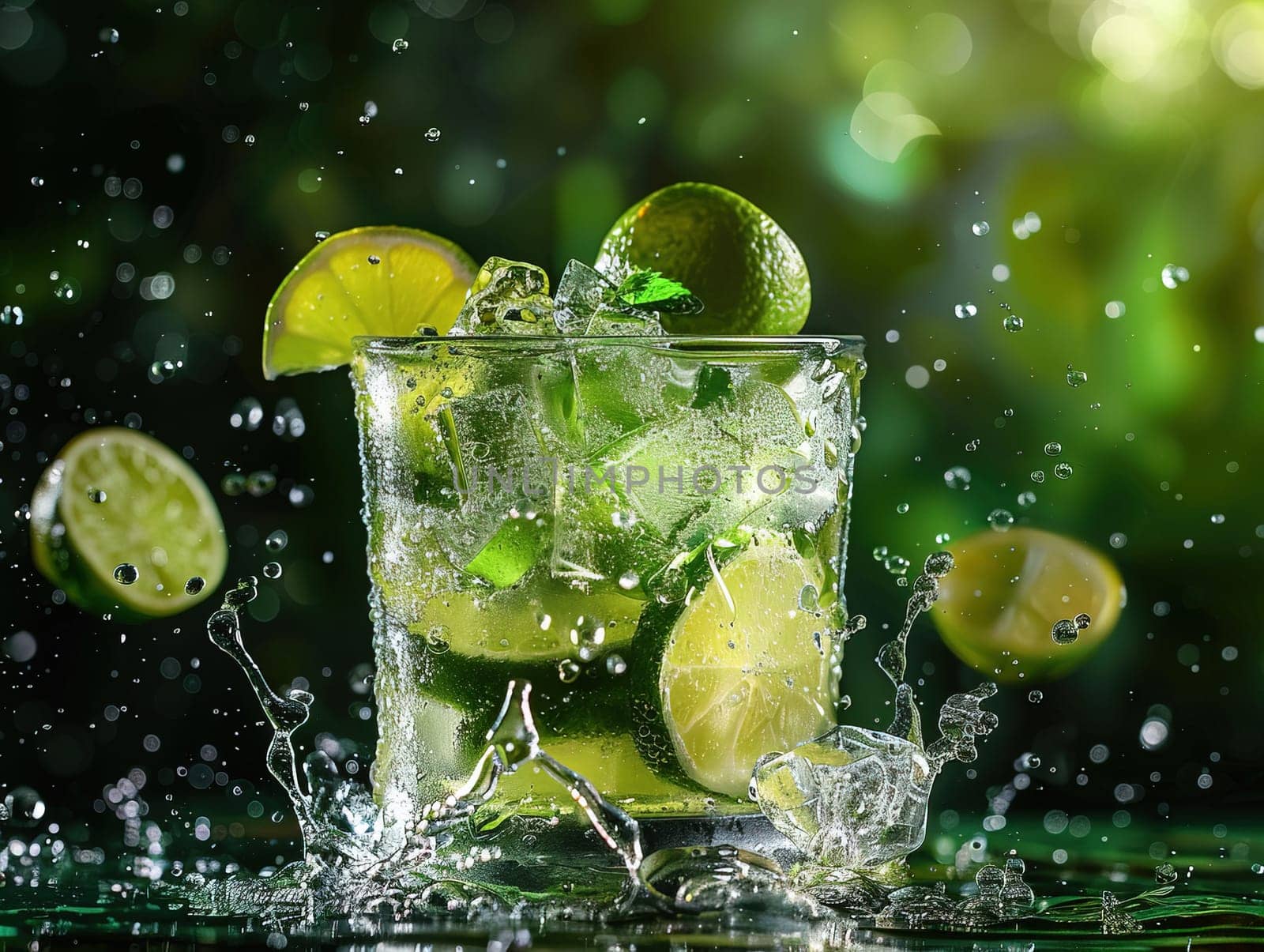 Delicious Caipirinha cocktail photography, explosion flavors studio lighting studio background, well-lit, vibrant colors, sharp-focus, high-quality, artistic, unique