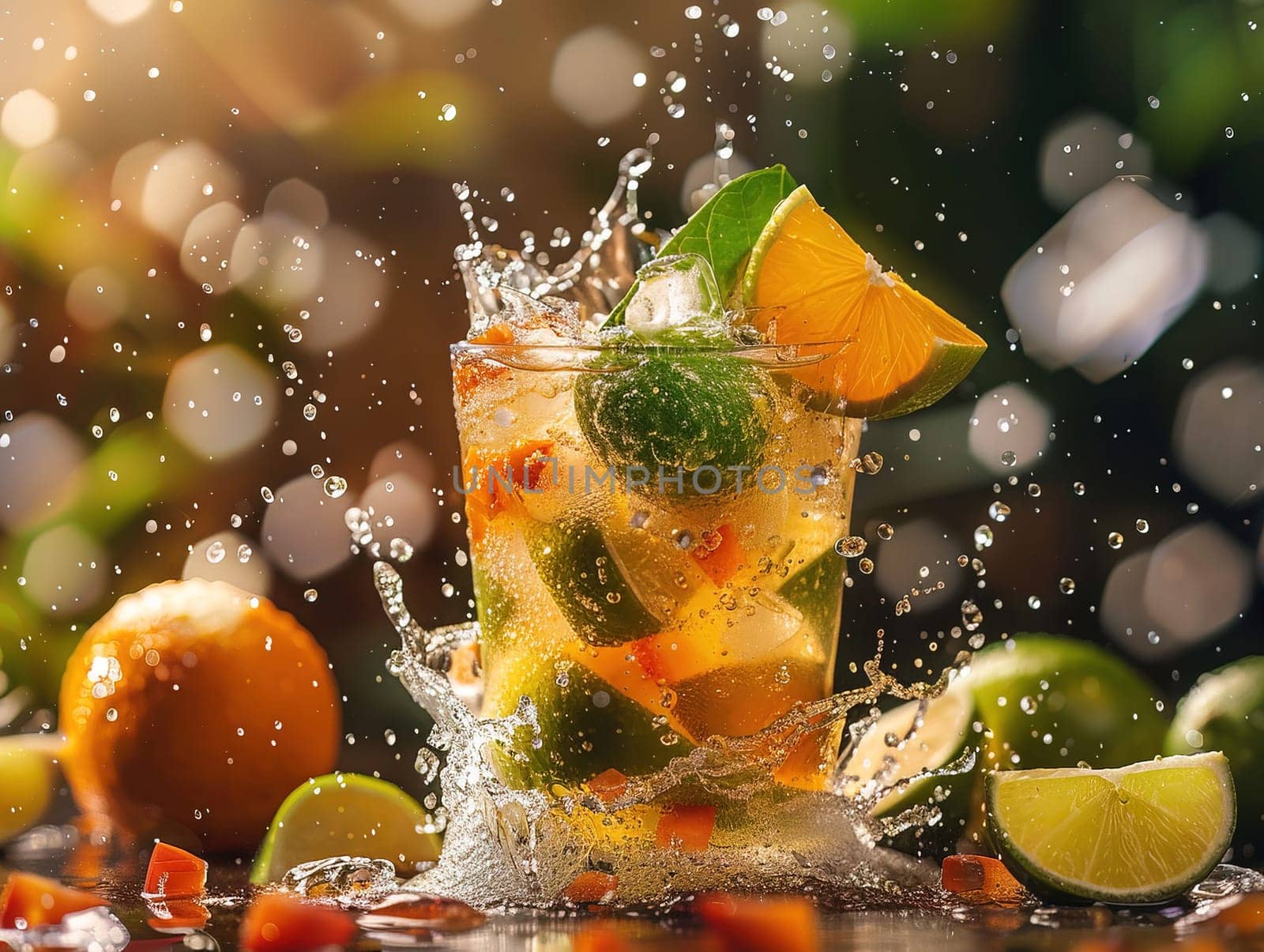 Delicious Caipirinha cocktail photography, explosion flavors studio lighting studio background, well-lit, vibrant colors, sharp-focus, high-quality, artistic, unique