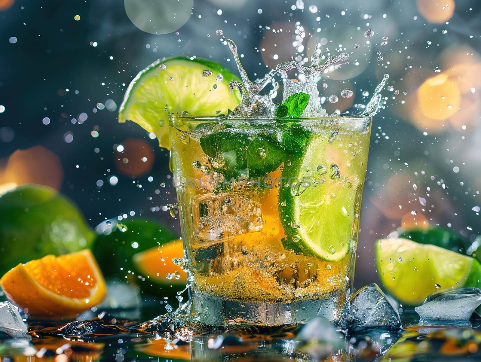 Delicious Caipirinha cocktail photography, explosion flavors studio lighting studio background, well-lit, vibrant colors, sharp-focus, high-quality, artistic, unique