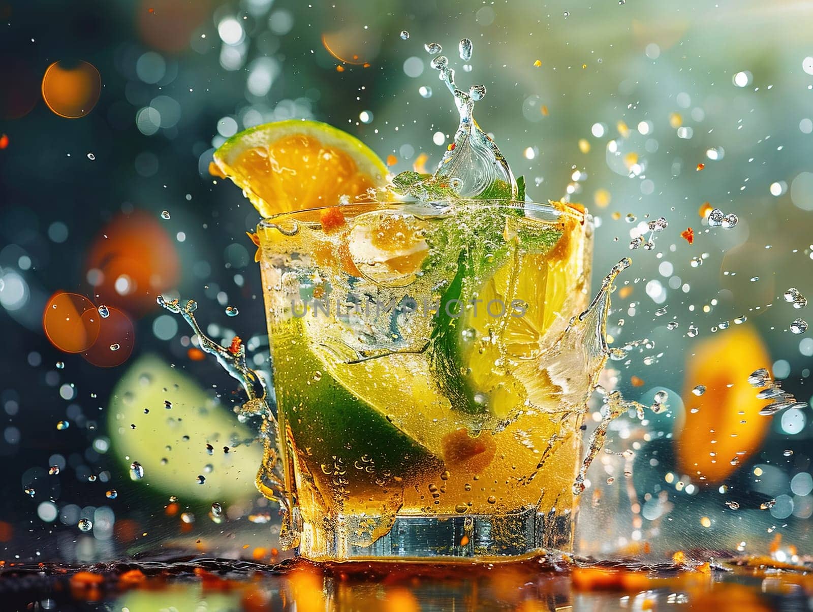 Delicious Caipirinha cocktail photography, explosion flavors studio lighting studio background, well-lit, vibrant colors, sharp-focus, high-quality, artistic, unique