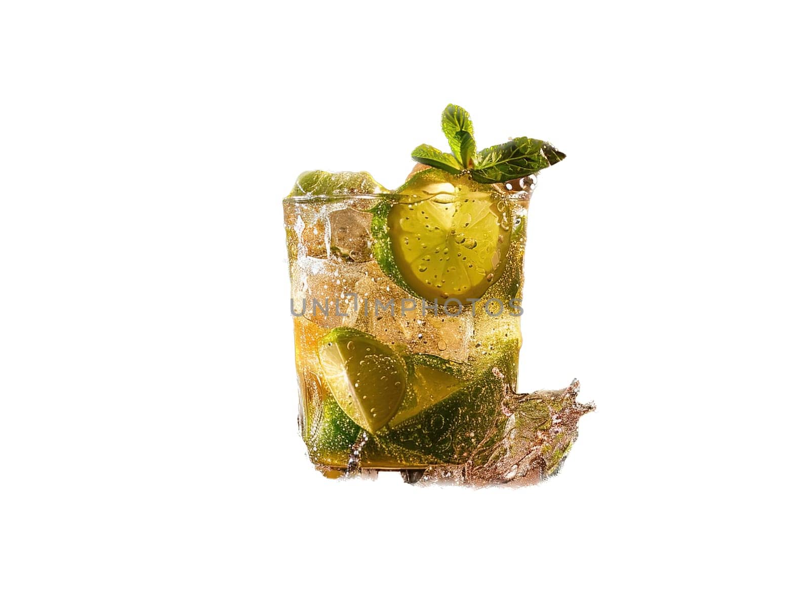 Delicious Caipirinha cocktail photography, explosion flavors studio lighting studio background, well-lit, vibrant colors, sharp-focus, high-quality, artistic, unique