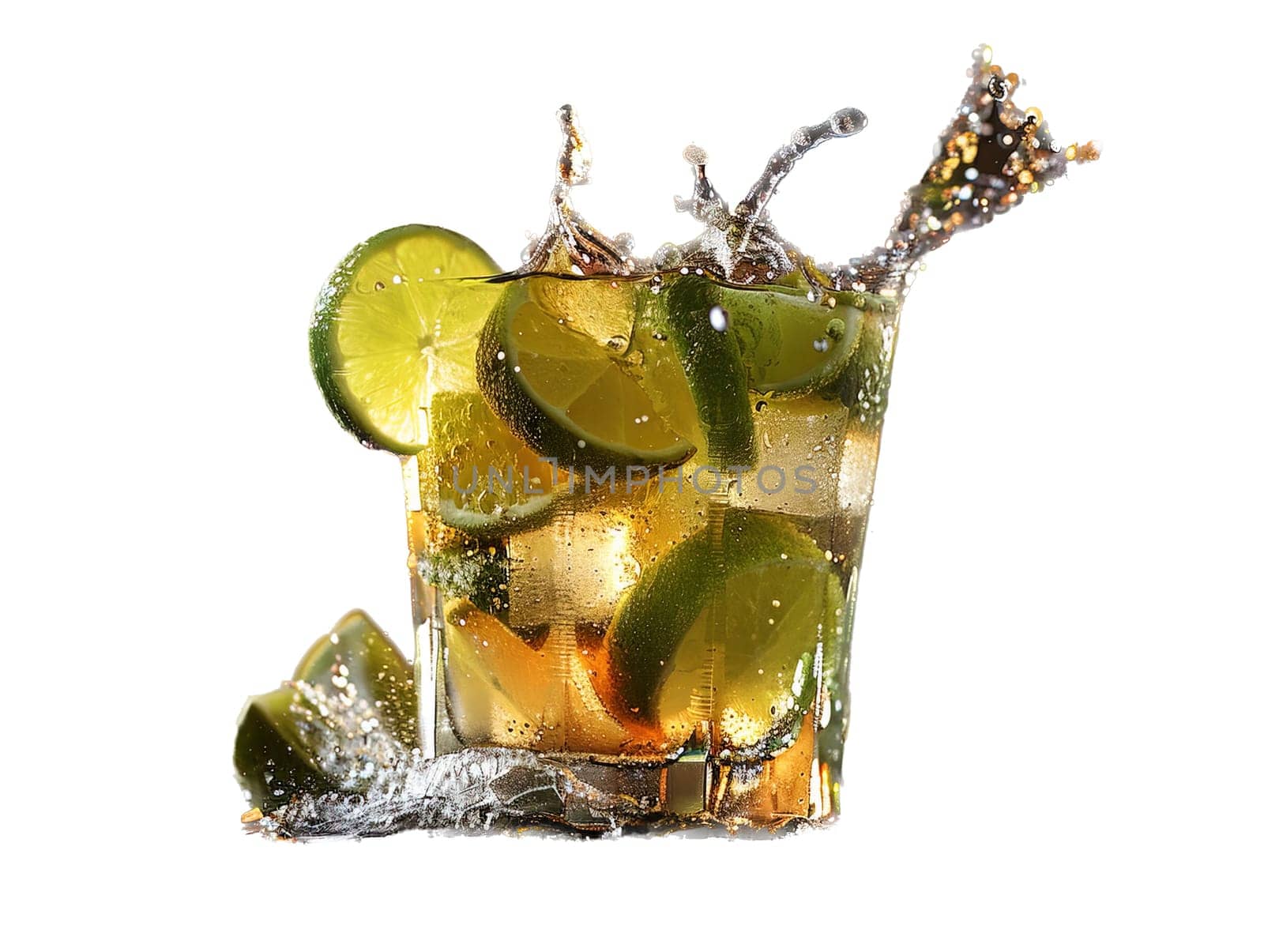 Delicious Caipirinha cocktail photography, explosion flavors studio lighting studio background, well-lit, vibrant colors, sharp-focus, high-quality, artistic, unique