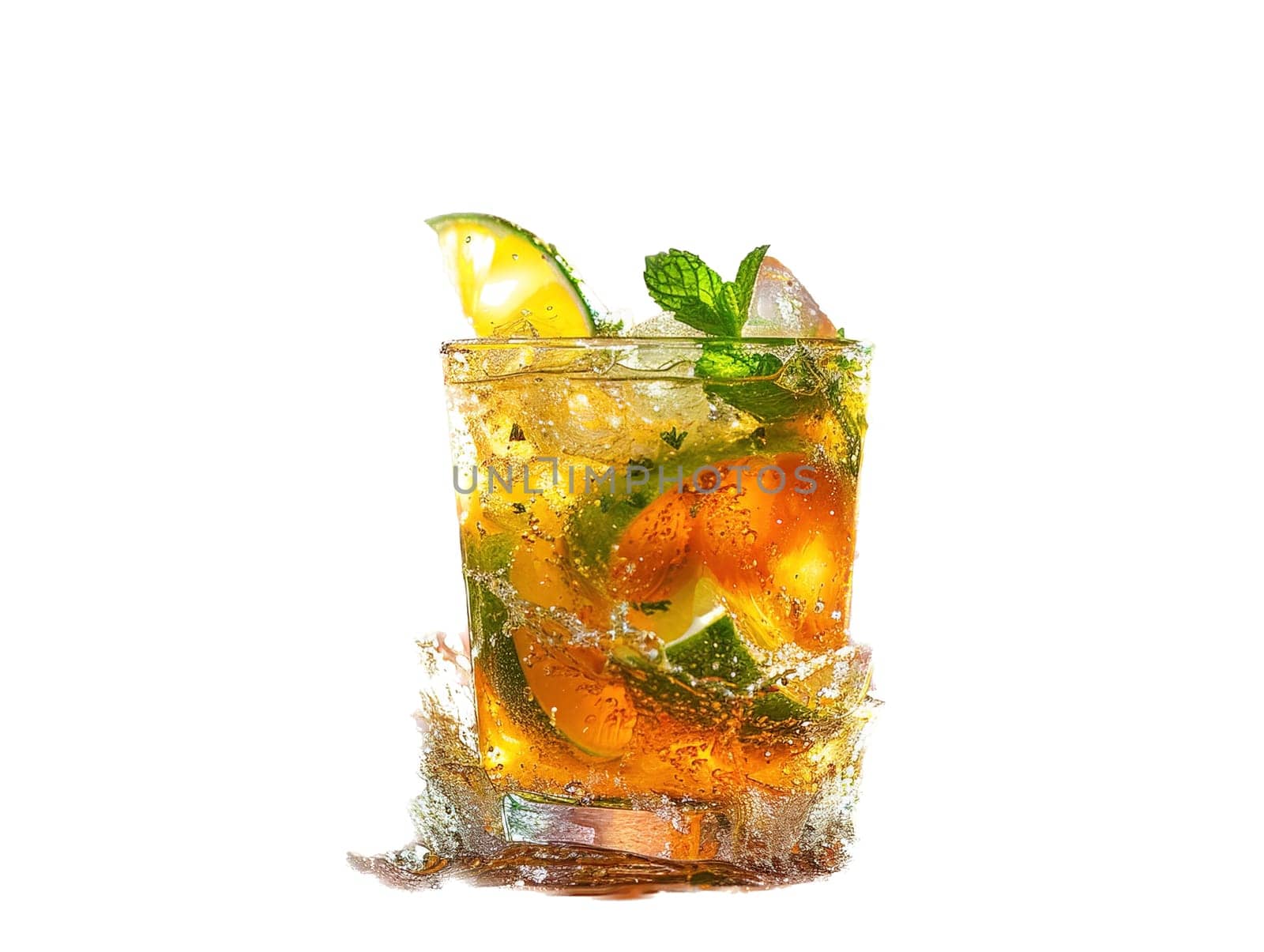 Delicious Caipirinha cocktail photography, explosion flavors studio lighting studio background, well-lit, vibrant colors, sharp-focus, high-quality, artistic, unique