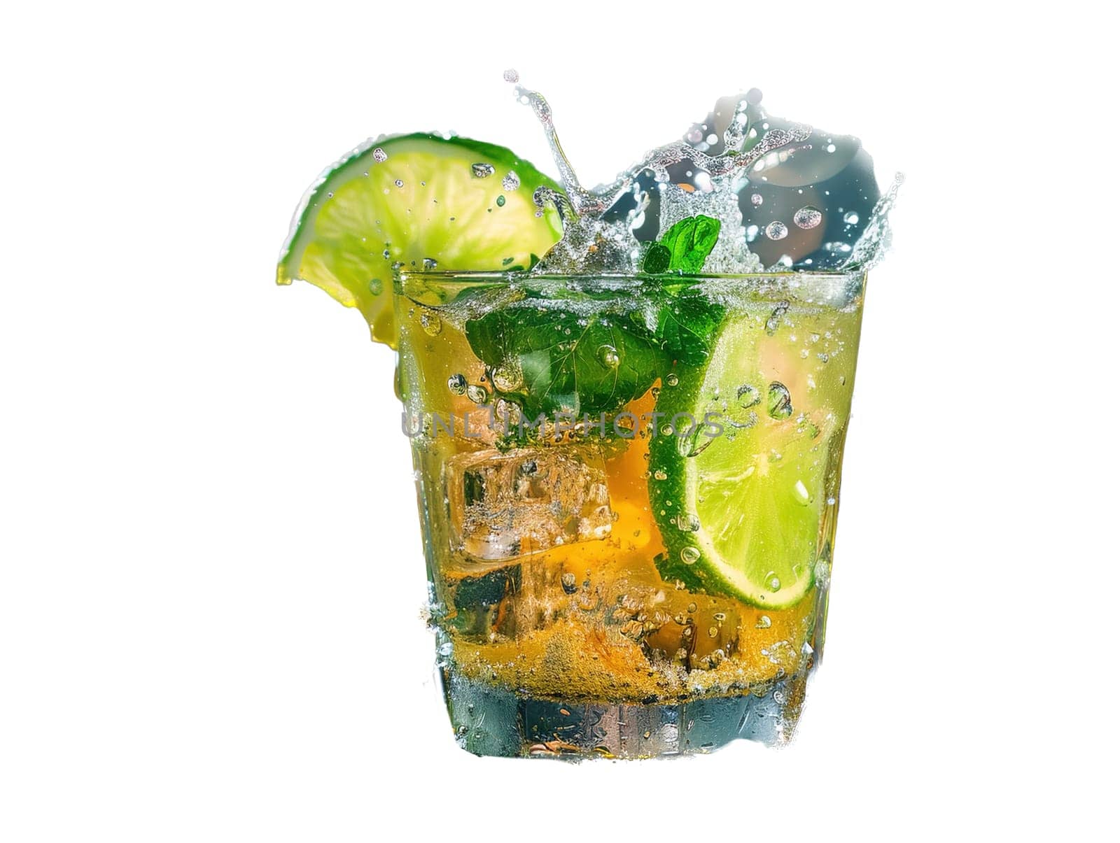 Delicious Caipirinha cocktail photography, explosion flavors studio lighting studio background, well-lit, vibrant colors, sharp-focus, high-quality, artistic, unique