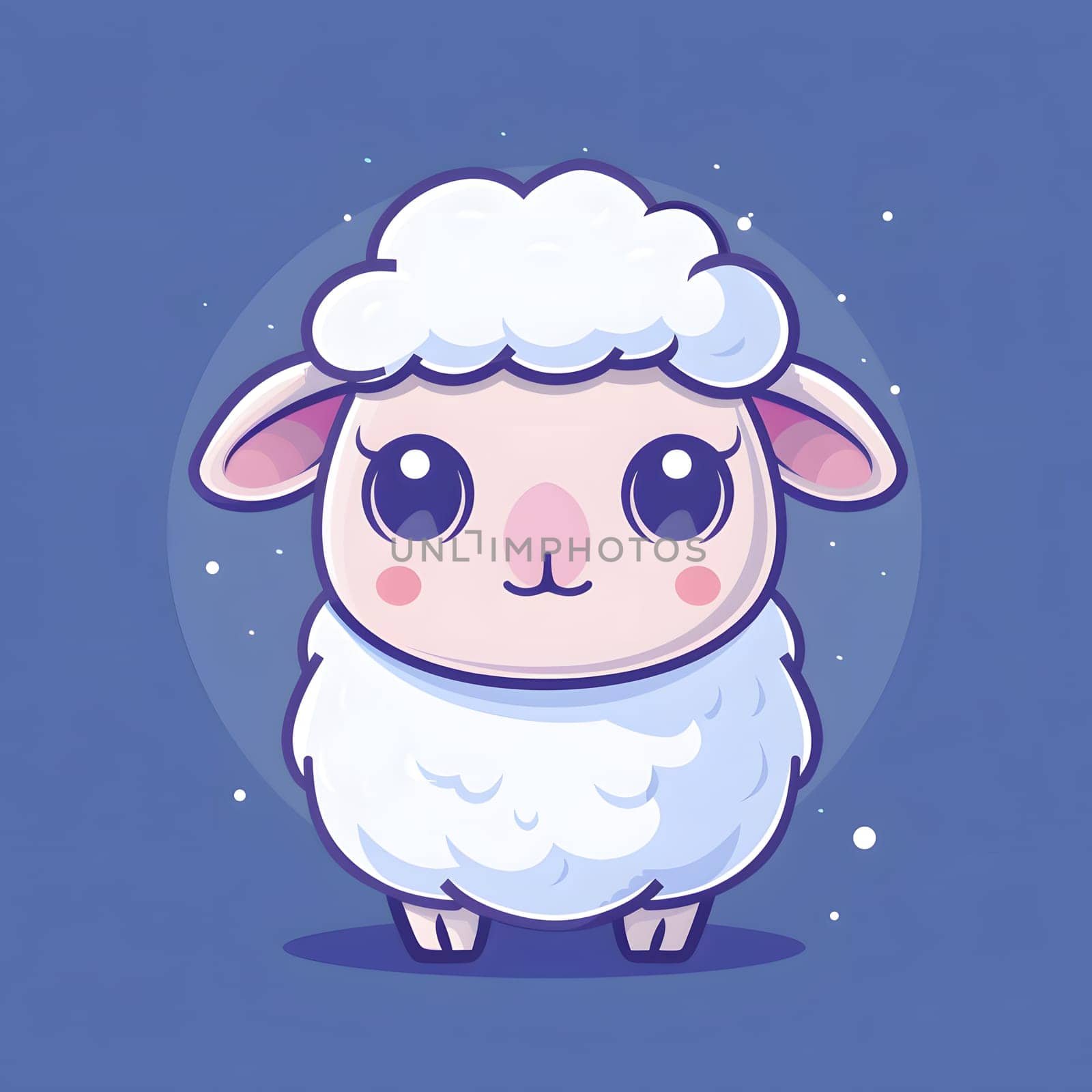 A happy animated cartoon sheep with big eyes is standing on an electric blue background, pleased with a cute gesture. Illustrated in a charming font, art, and graphics