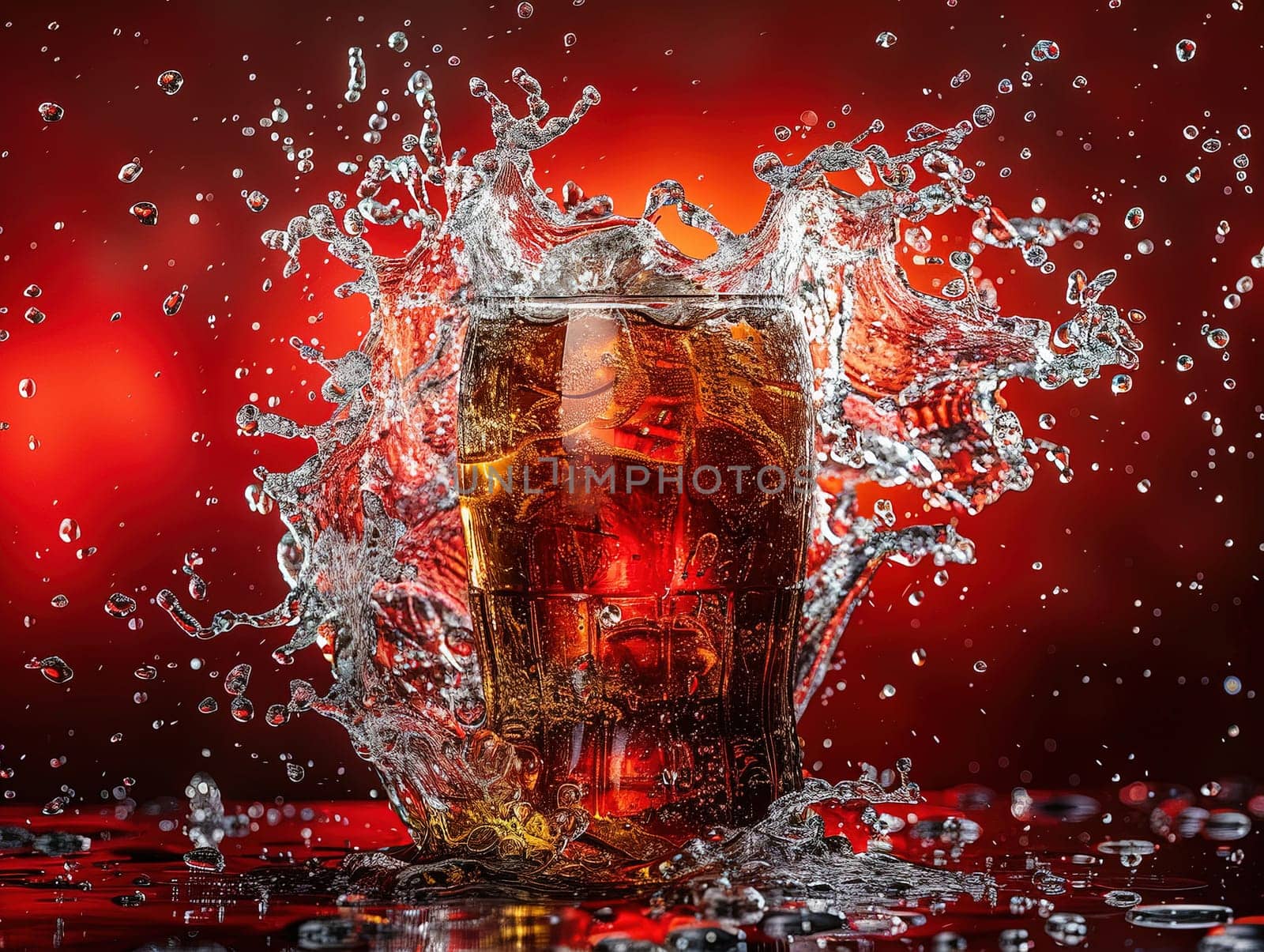 Delicious Cola photography, explosion flavors, studio lighting, studio background well-lit vibrant colors, sharp-focus, high-quality, artistic, unique. Cola in original glass with straw and ice cubes