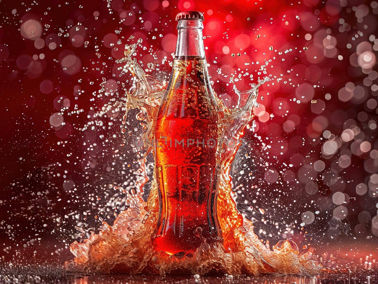 Delicious Cola photography, explosion flavors, studio lighting, studio background well-lit vibrant colors, sharp-focus, high-quality, artistic, unique. Cola in original glass with straw and ice cubes