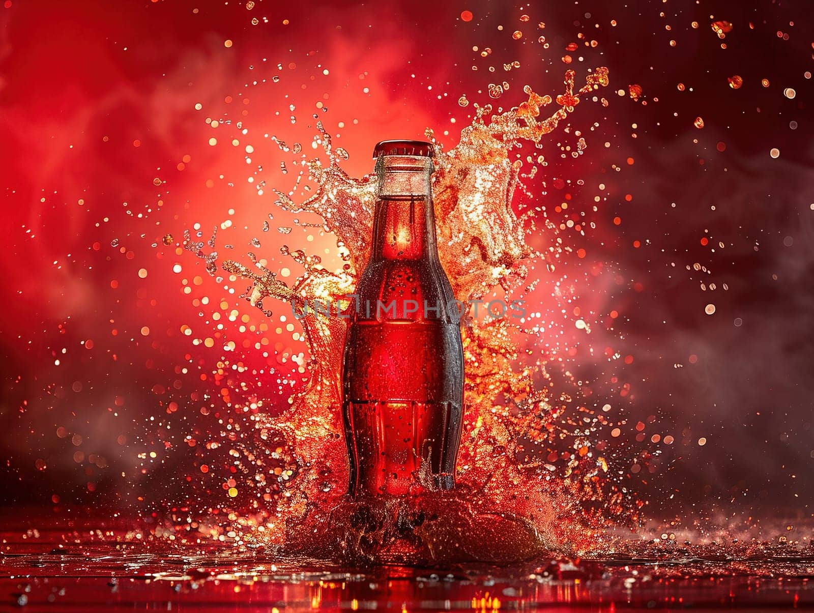 Delicious Cola photography, explosion flavors, studio lighting, studio background well-lit vibrant colors, sharp-focus, high-quality, artistic, unique. Cola in original glass with straw and ice cubes