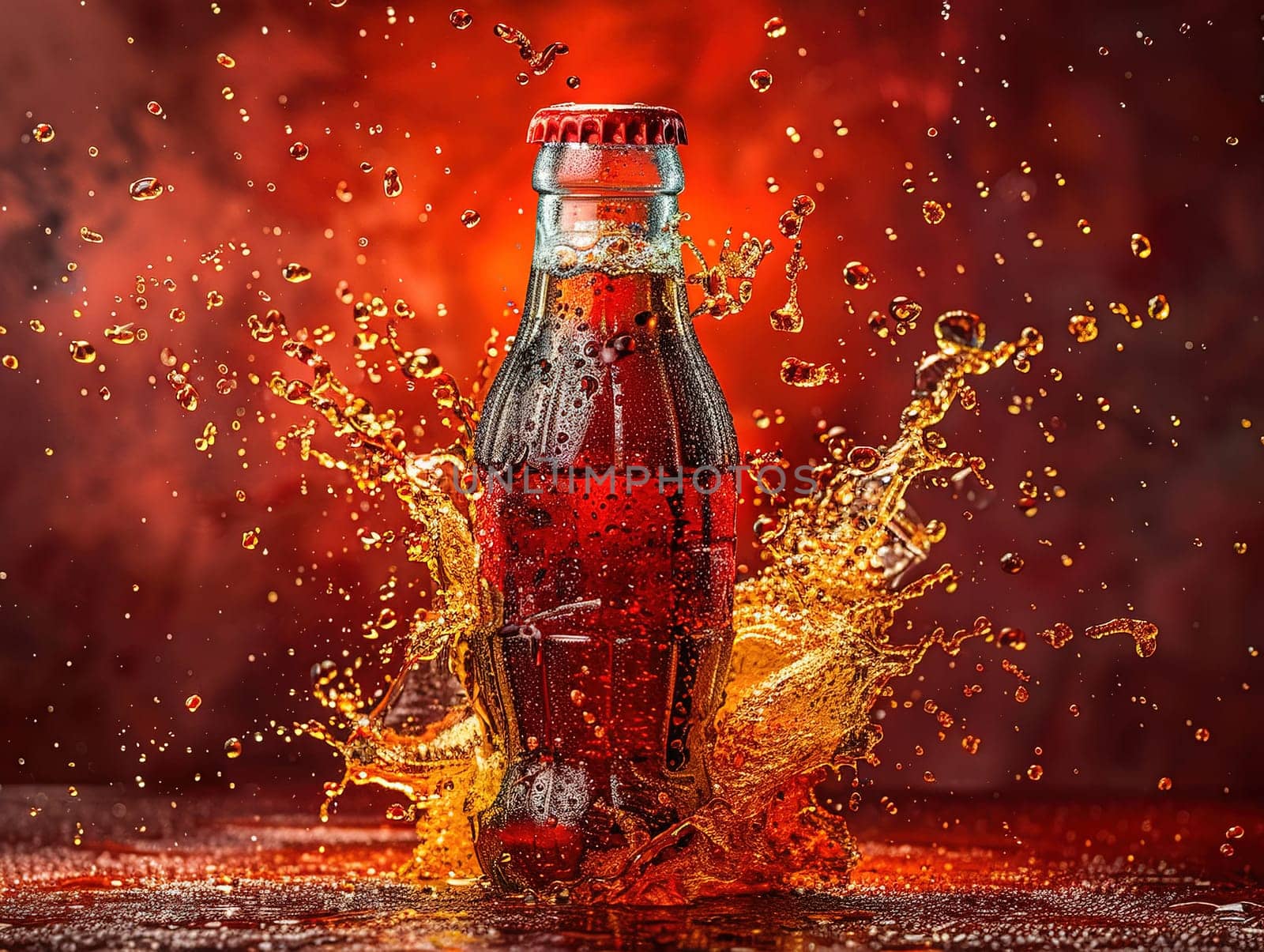 Delicious Cola photography, explosion flavors, studio lighting, studio background well-lit vibrant colors, sharp-focus, high-quality, artistic, unique. Cola in original glass with straw and ice cubes