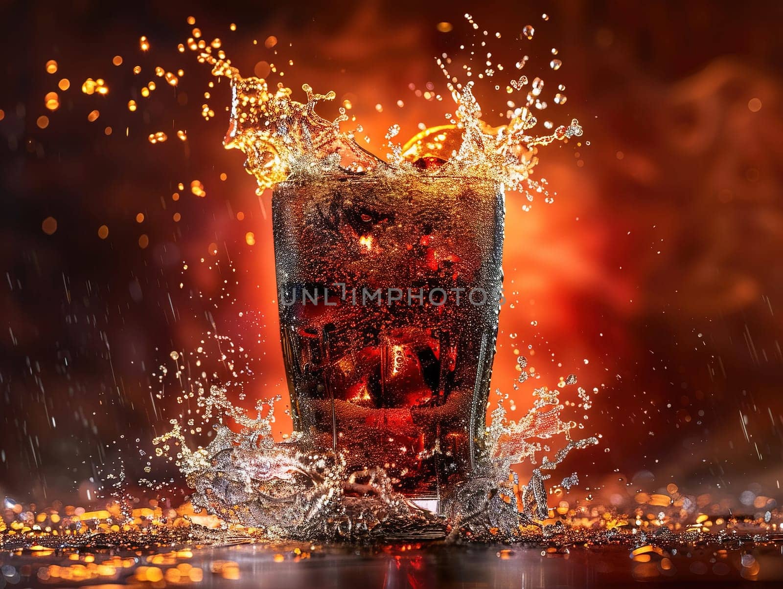 Delicious Cola photography, explosion flavors, studio lighting, studio background well-lit vibrant colors, sharp-focus, high-quality, artistic, unique. Cola in original glass with straw and ice cubes