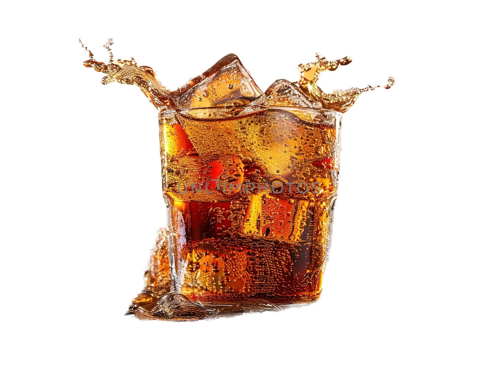 Delicious Cola photography, explosion flavors, studio lighting, studio background well-lit vibrant colors, sharp-focus, high-quality, artistic, unique. Cola in original glass with straw and ice cubes