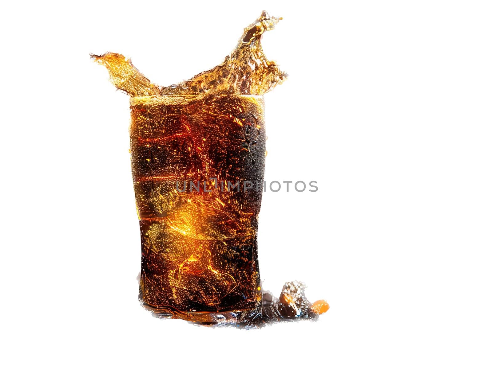 Delicious Cola photography, explosion flavors, studio lighting, studio background well-lit vibrant colors, sharp-focus, high-quality, artistic, unique. Cola in original glass with straw and ice cubes