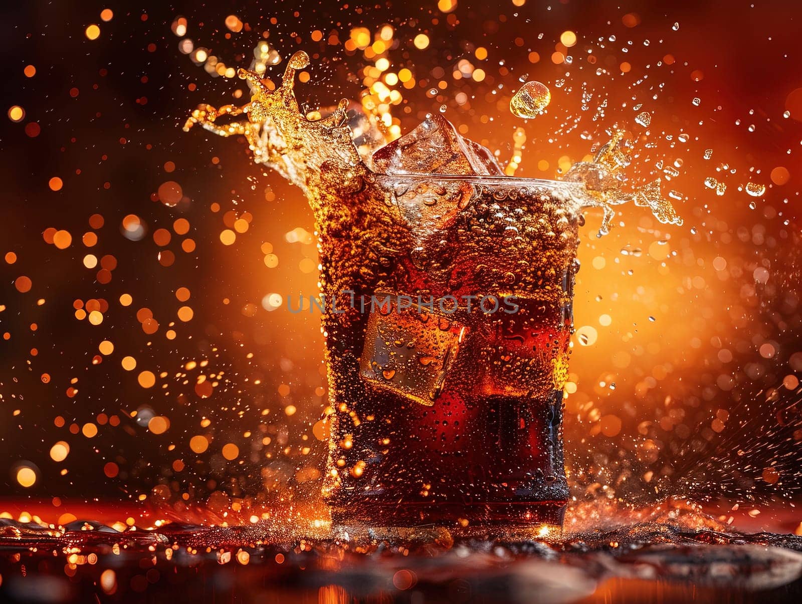 Delicious Cola photography, explosion flavors, studio lighting, studio background well-lit vibrant colors, sharp-focus, high-quality, artistic, unique. Cola in original glass with straw and ice cubes