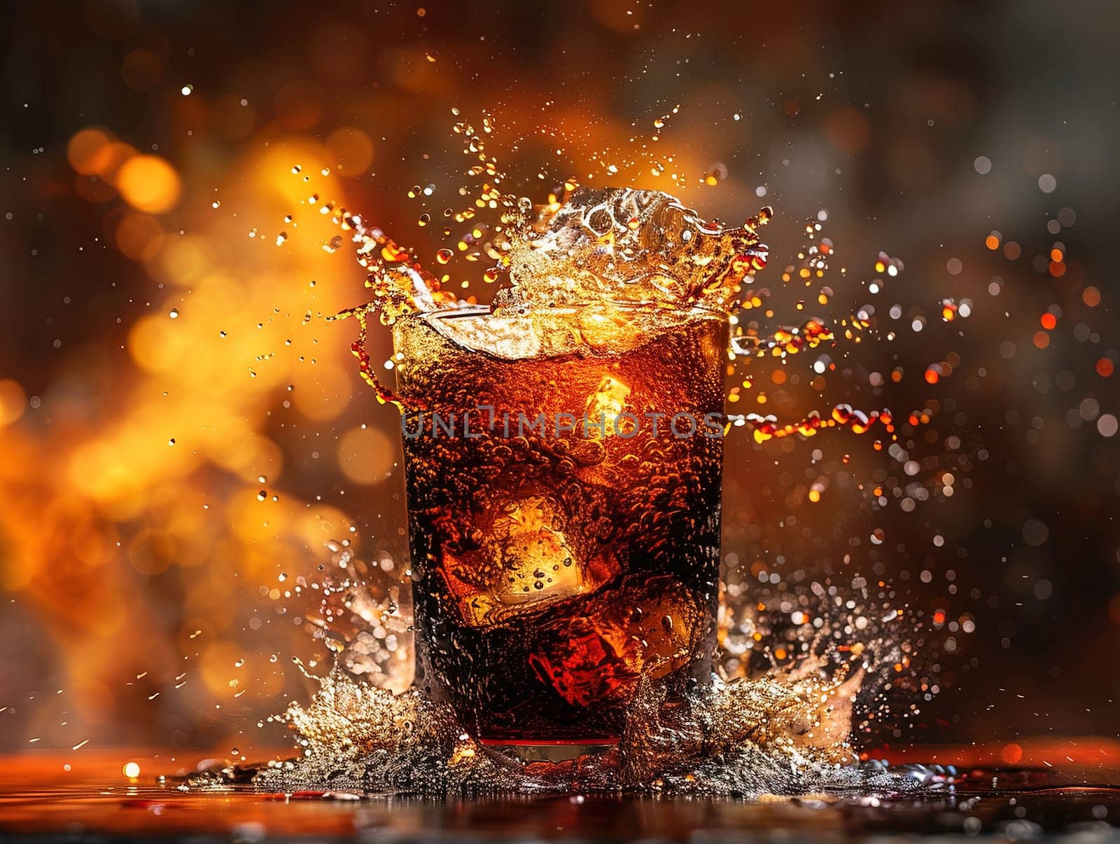 Delicious Cola photography, explosion flavors, studio lighting, studio background well-lit vibrant colors, sharp-focus, high-quality, artistic, unique. Cola in original glass with straw and ice cubes