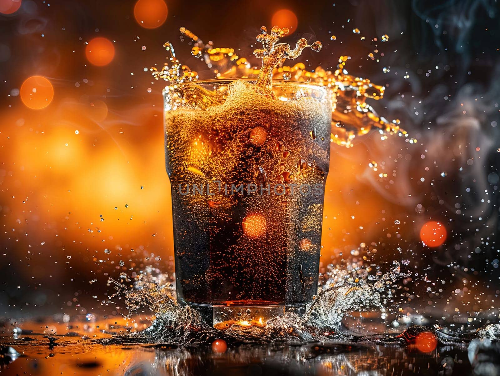 Delicious Cola photography, explosion flavors, studio lighting, studio background well-lit vibrant colors, sharp-focus, high-quality, artistic, unique. Cola in original glass with straw and ice cubes