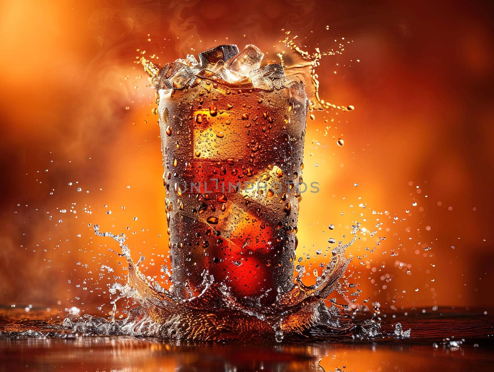 Delicious Cola photography, explosion flavors, studio lighting, studio background well-lit vibrant colors, sharp-focus, high-quality, artistic, unique. Cola in original glass with straw and ice cubes