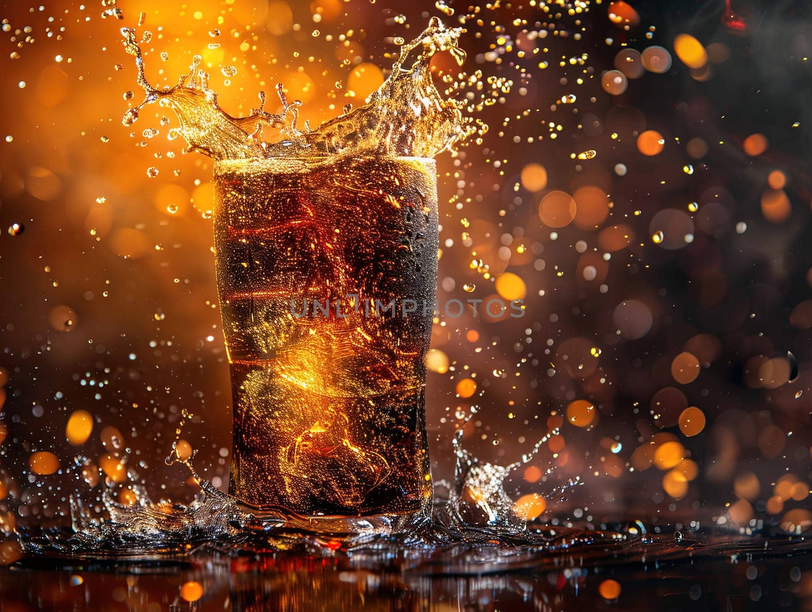 Delicious Cola photography, explosion flavors, studio lighting, studio background well-lit vibrant colors, sharp-focus, high-quality, artistic, unique. Cola in original glass with straw and ice cubes