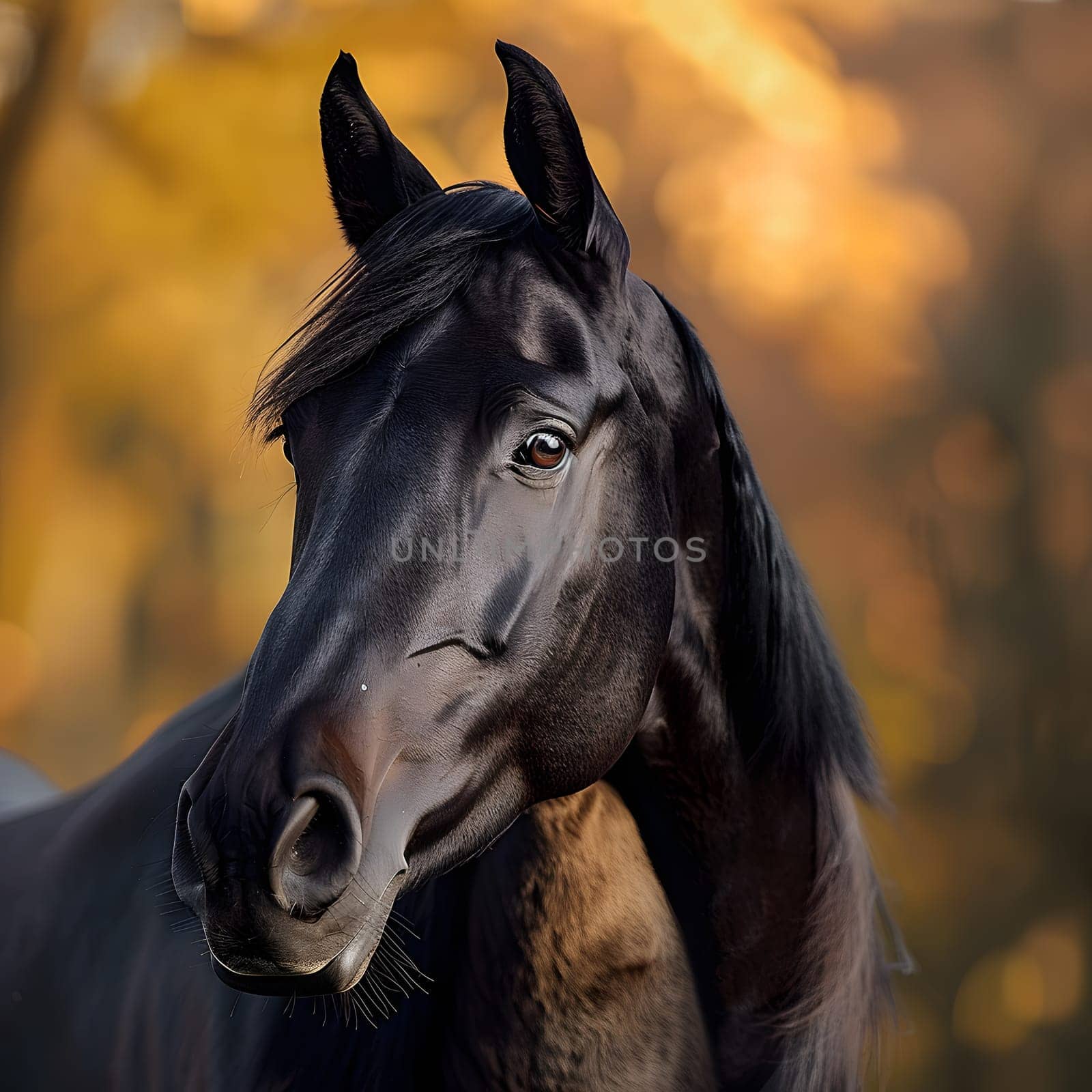 Close up of a black horses gaze, against a sky backdrop by Nadtochiy