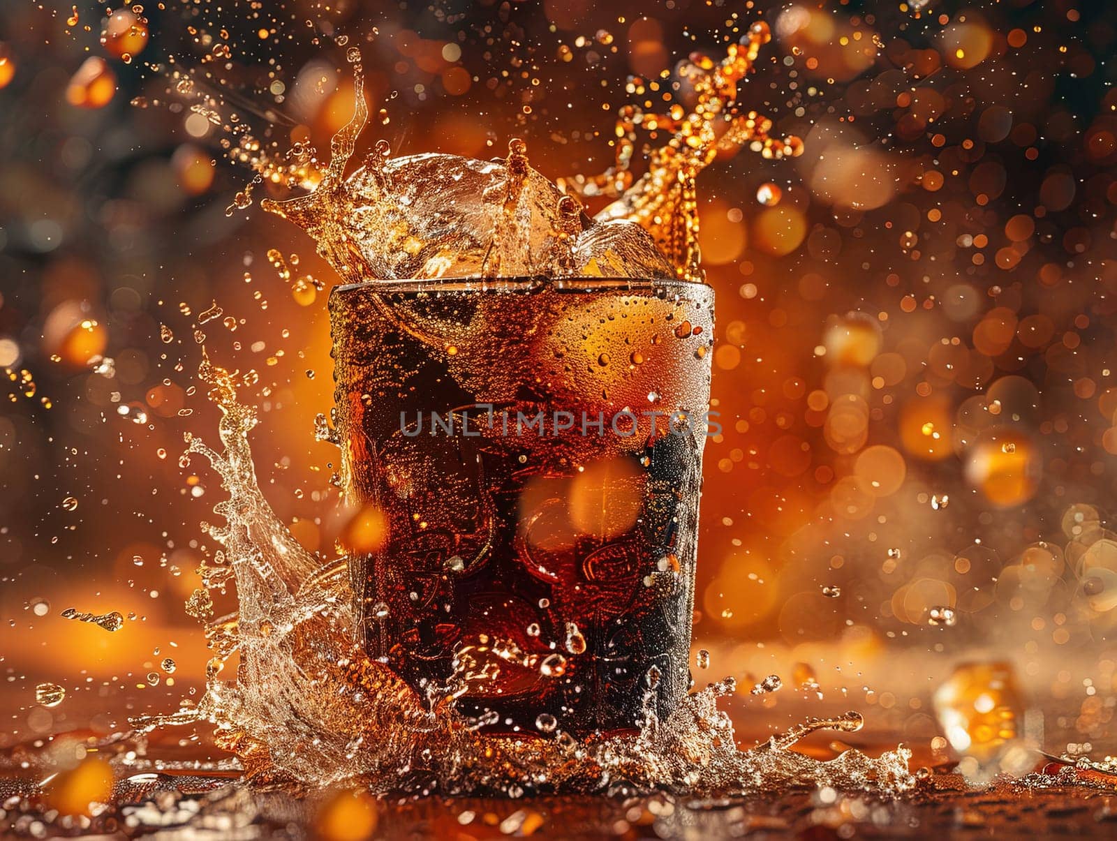 Delicious Cola photography, explosion flavors, studio lighting, studio background well-lit vibrant colors, sharp-focus, high-quality, artistic, unique. Cola in original glass with straw and ice cubes