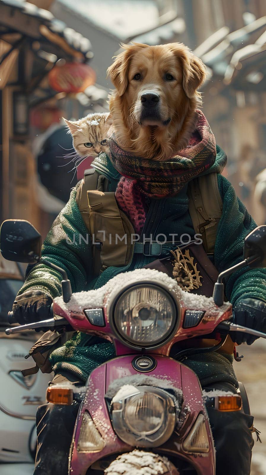 A photograph of a Vertebrate mammal, a Carnivore dog breed with a cat on its back, riding a scooter, a type of motor vehicle with automotive lighting, working as a working animal