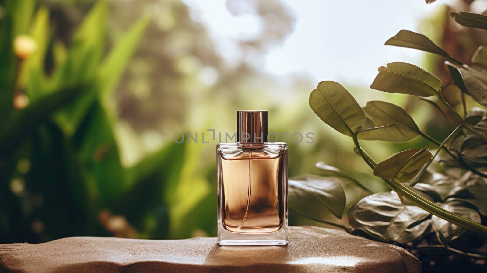 Transparent brown glass perfume bottle mockup with plants on background. Eau de toilette. Mockup, spring flat lay