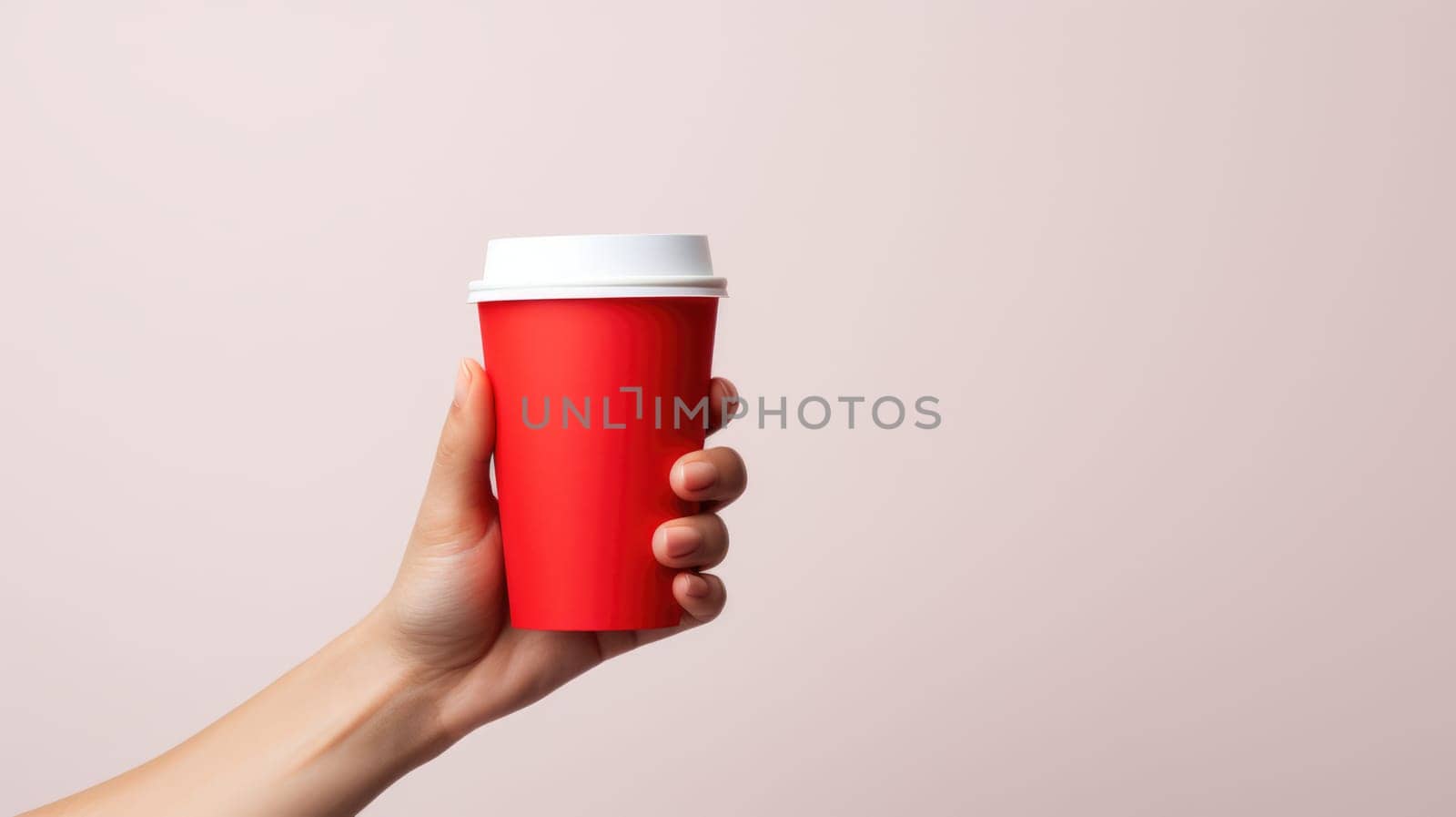 Hand holding red disposable take out coffee cup on white background. Mockup, space for text