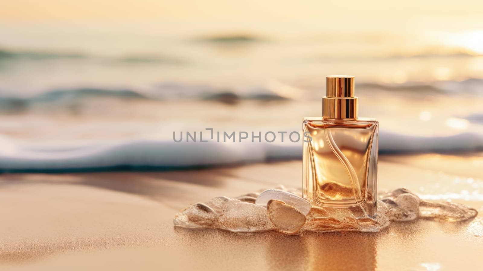 Transparent brown glass perfume bottle mockup with sandy beach and ocean waves on background. Eau de toilette. Mockup, spring flat lay