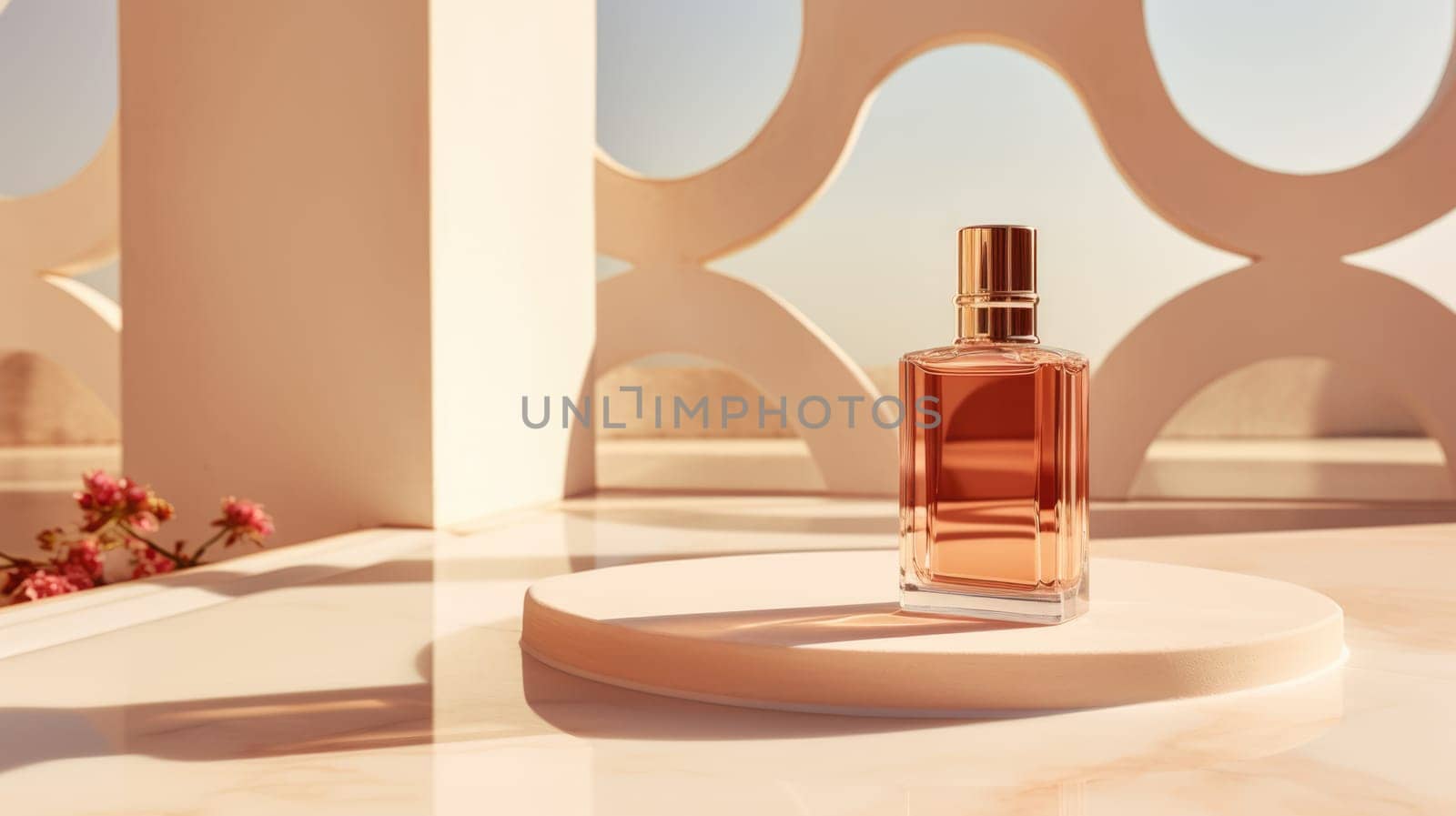 Transparent brown glass perfume bottle mockup on pedestal with minimalist background. Eau de toilette. Mockup, spring flat lay