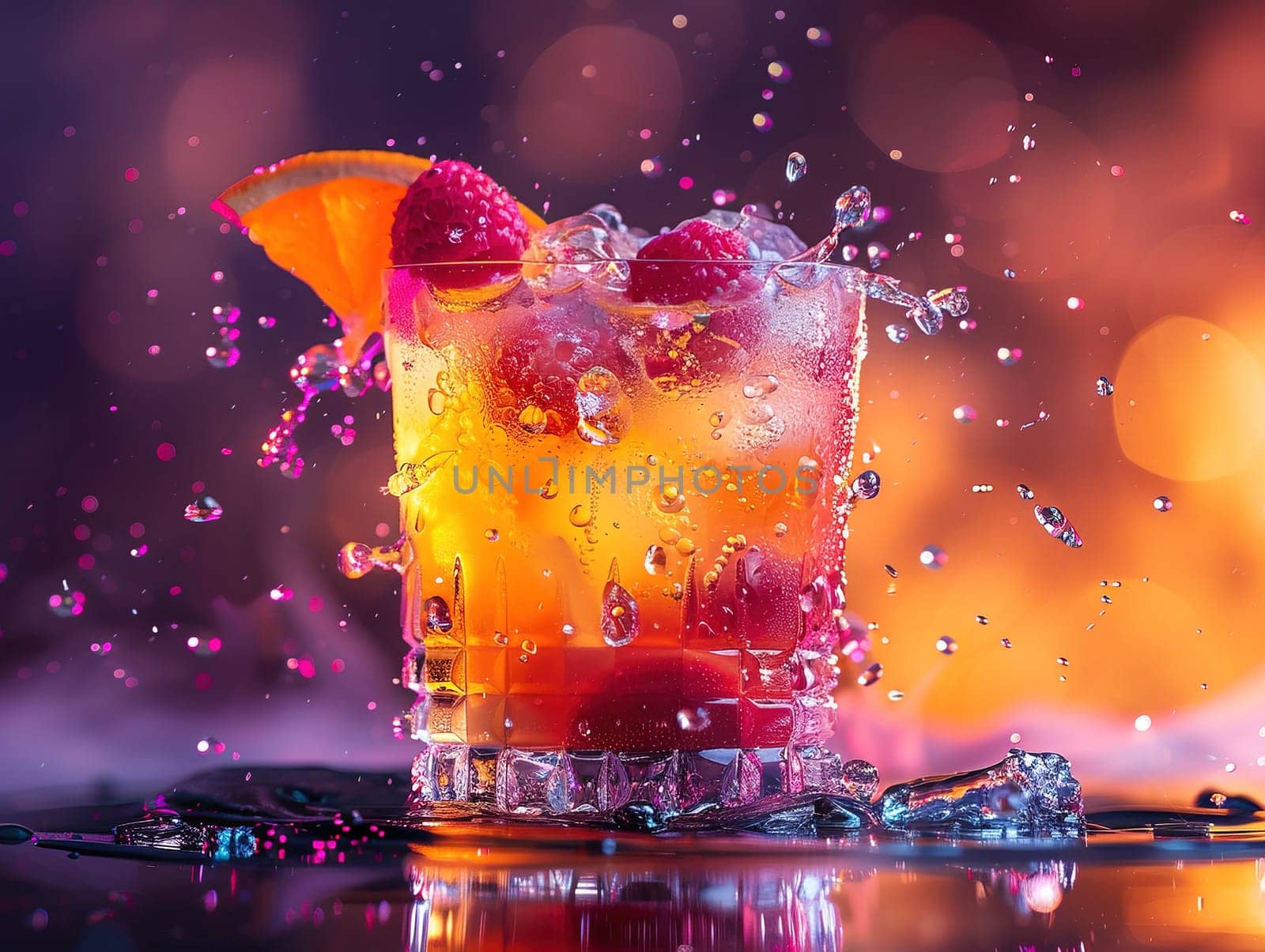 Fresh cocktail with orange and ice. Delicious Screwdriver cocktail photography, explosion flavors studio lighting, studio background, well-lit vibrant colors, sharp-focus, high-quality, artistic, unique